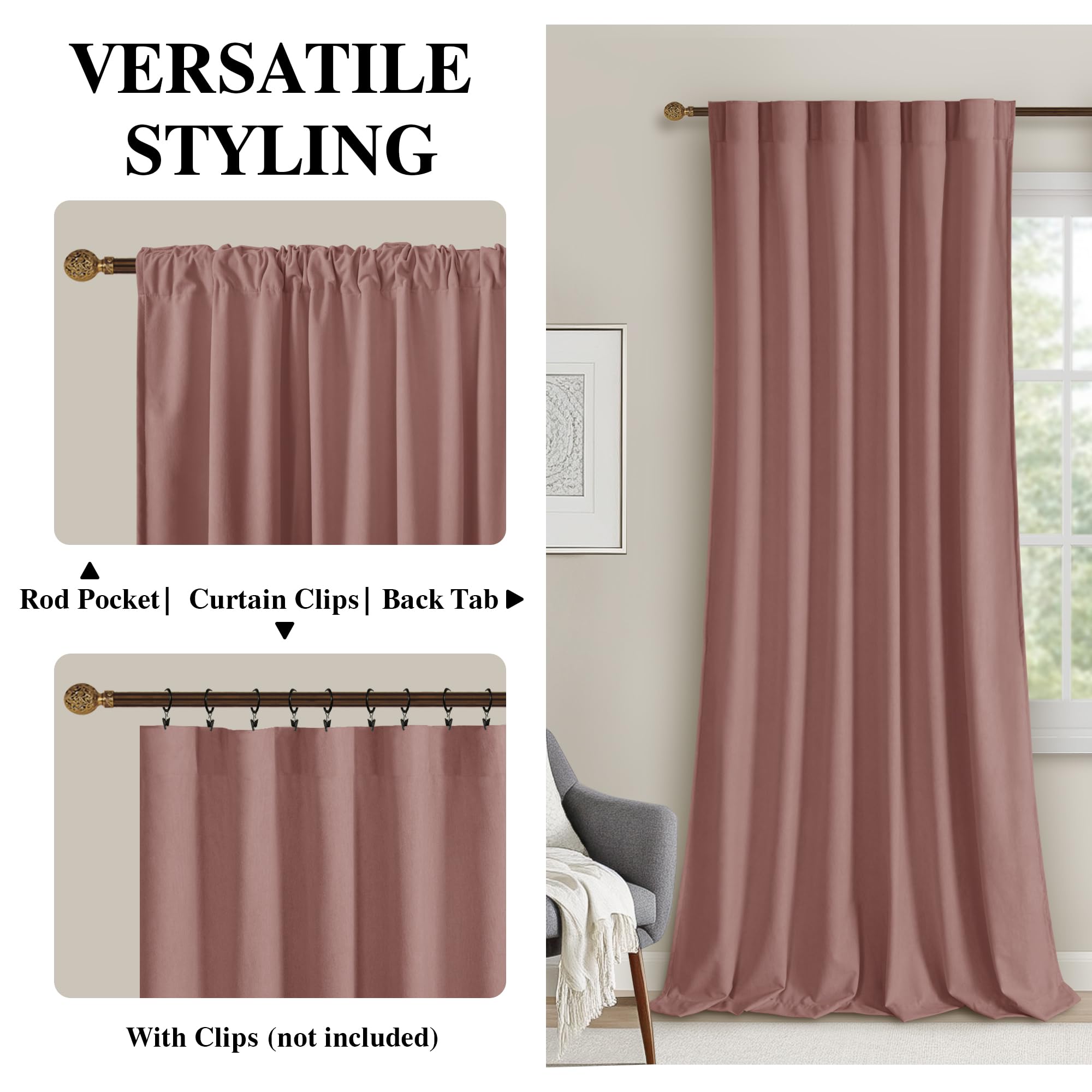 DWCN Velvet Curtains, 2 Panels - Rod Pocket and Back Tab