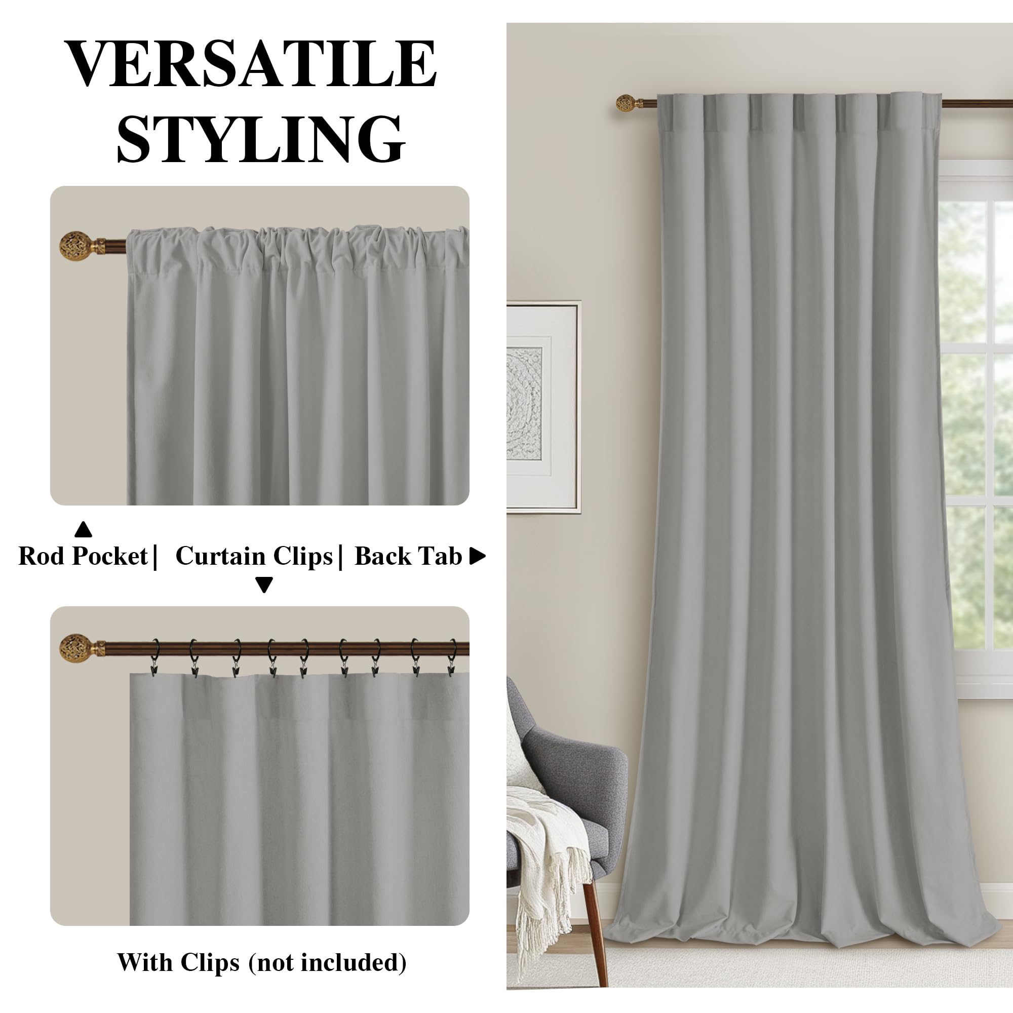 DWCN Velvet Curtains, 2 Panels - Rod Pocket and Back Tab
