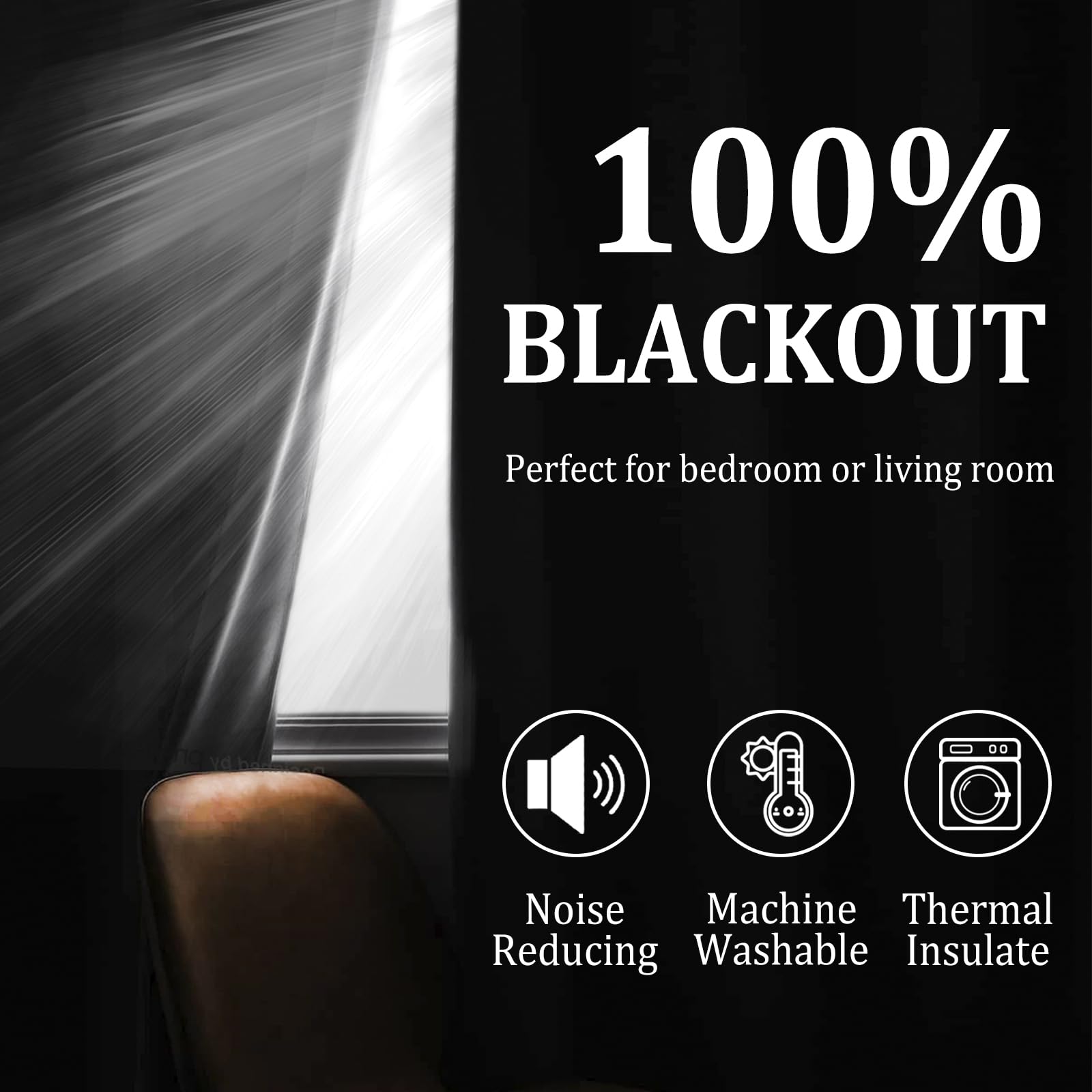 DWCN 100% Blackout Curtains with Tiebacks, Set of 2 Panels