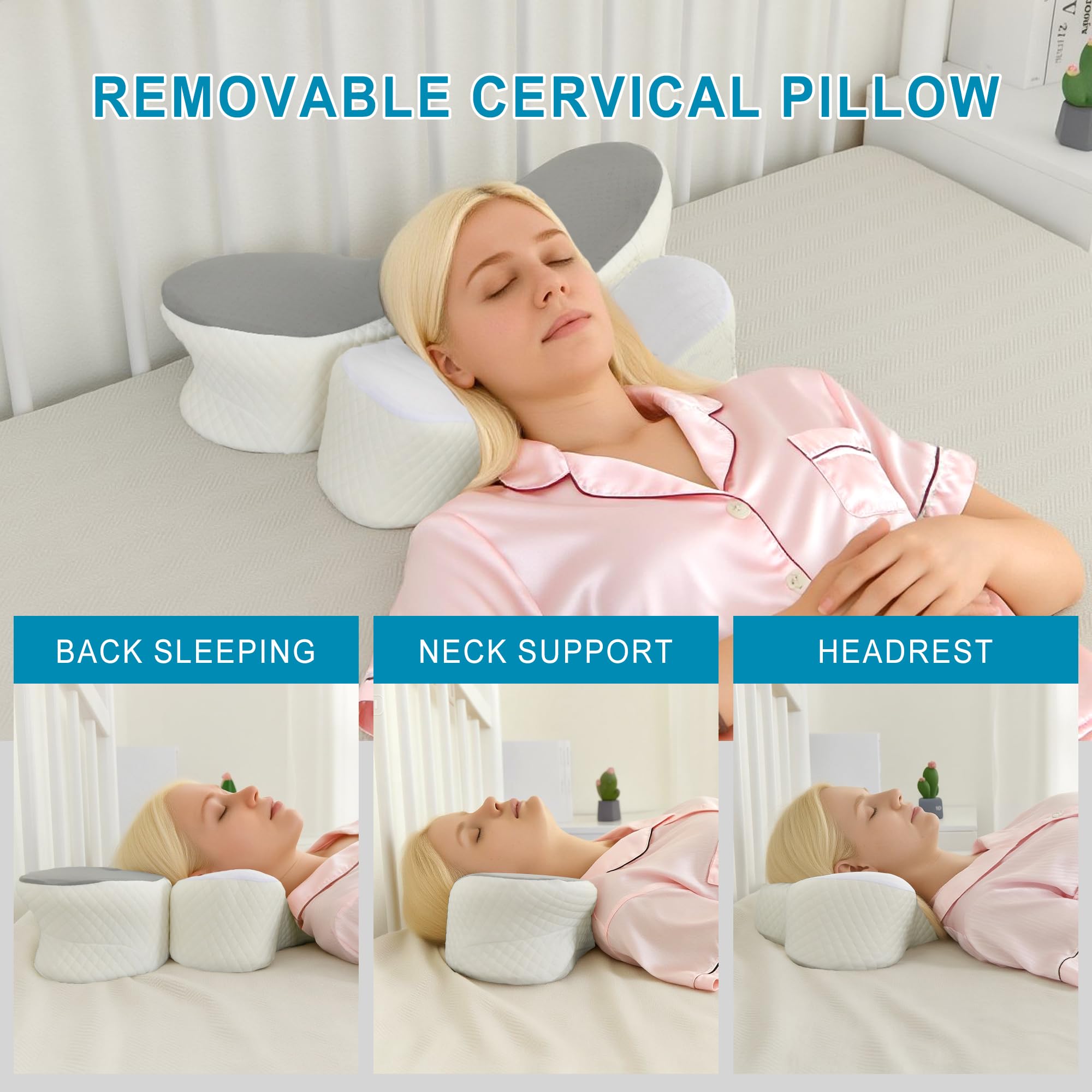 DWCN Removable Cervical Pillow 2 in 1，Grey and White