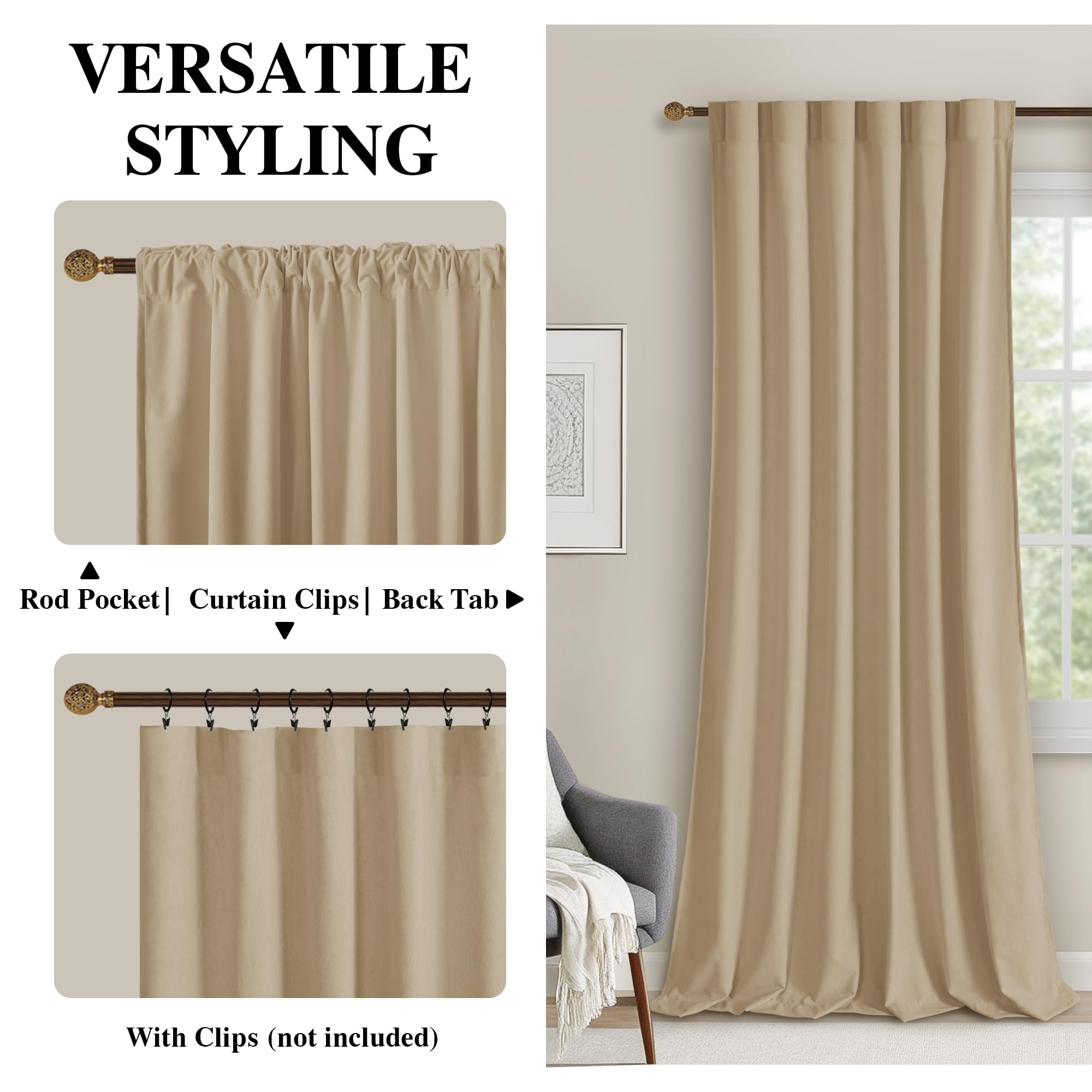 DWCN Velvet Curtains, 2 Panels - Rod Pocket and Back Tab