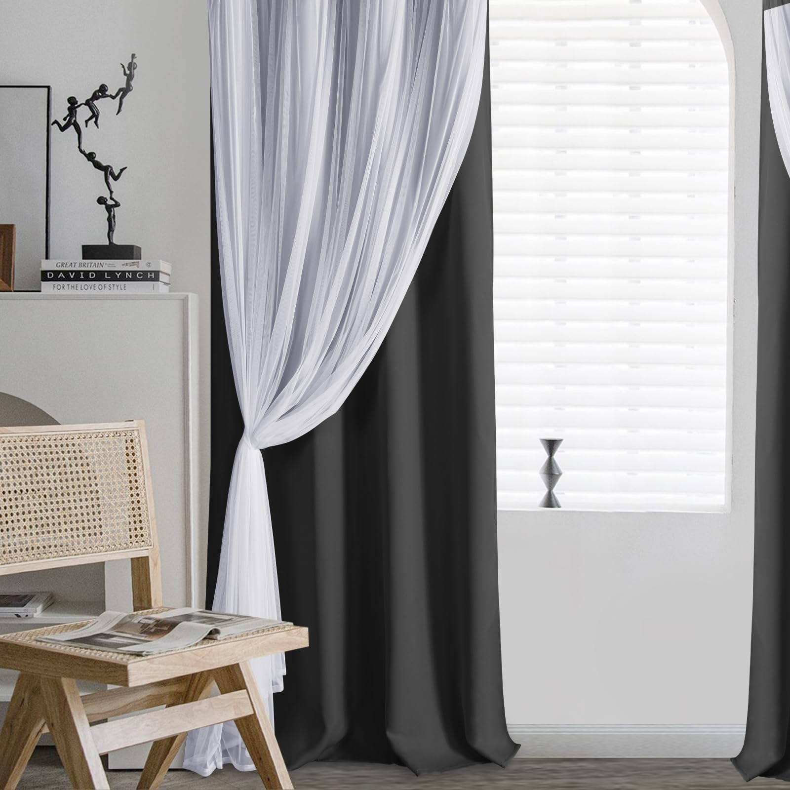 DWCN Layered Curtains, Blackout and Sheer Curtains with Tiebacks, 2 Pieces