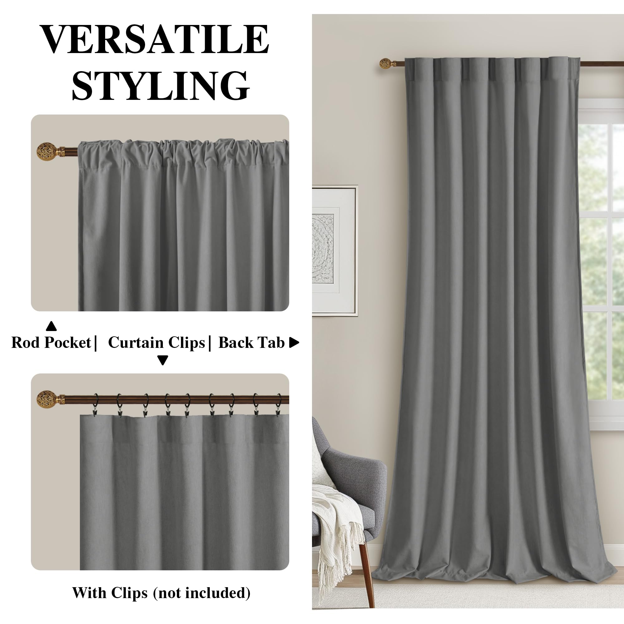 DWCN Velvet Curtains, 2 Panels - Rod Pocket and Back Tab