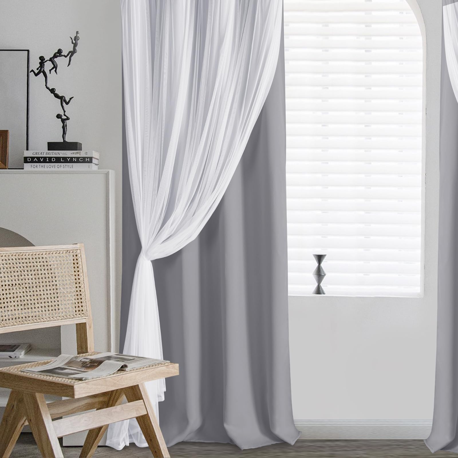 DWCN Layered Curtains, Blackout and Sheer Curtains with Tiebacks, 2 Pieces