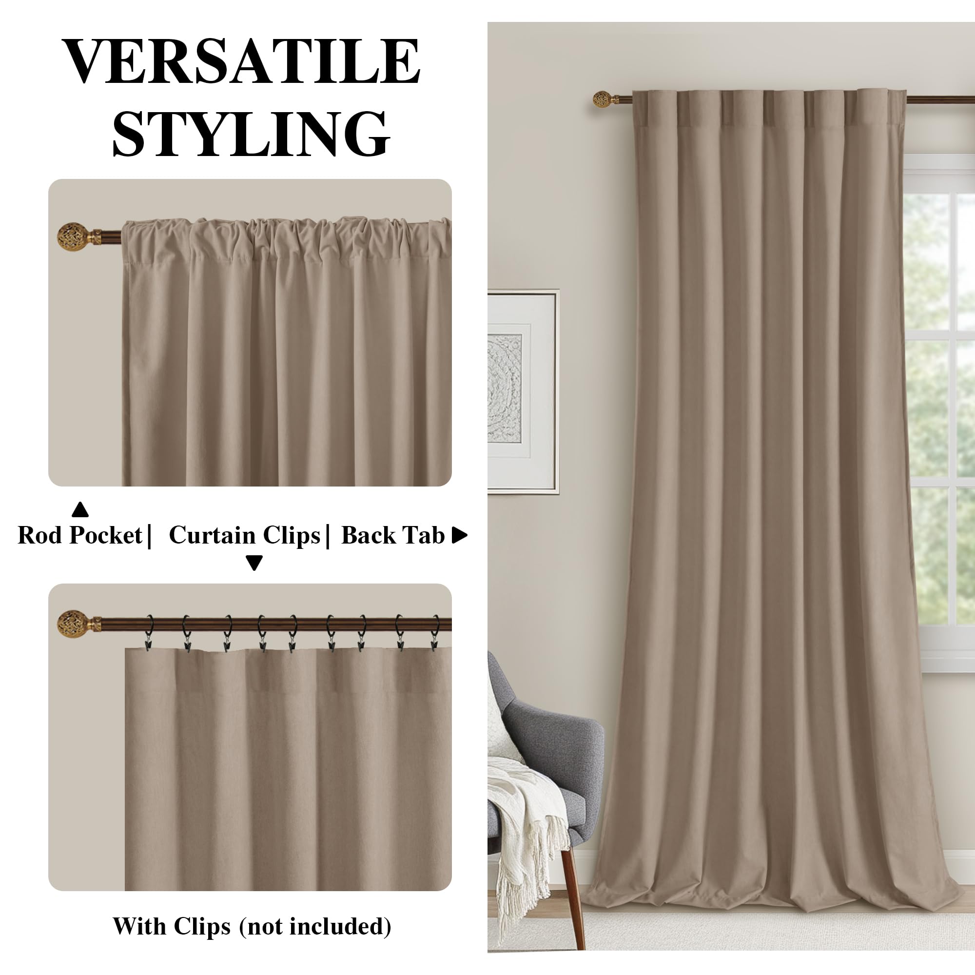 DWCN Velvet Curtains, 2 Panels - Rod Pocket and Back Tab