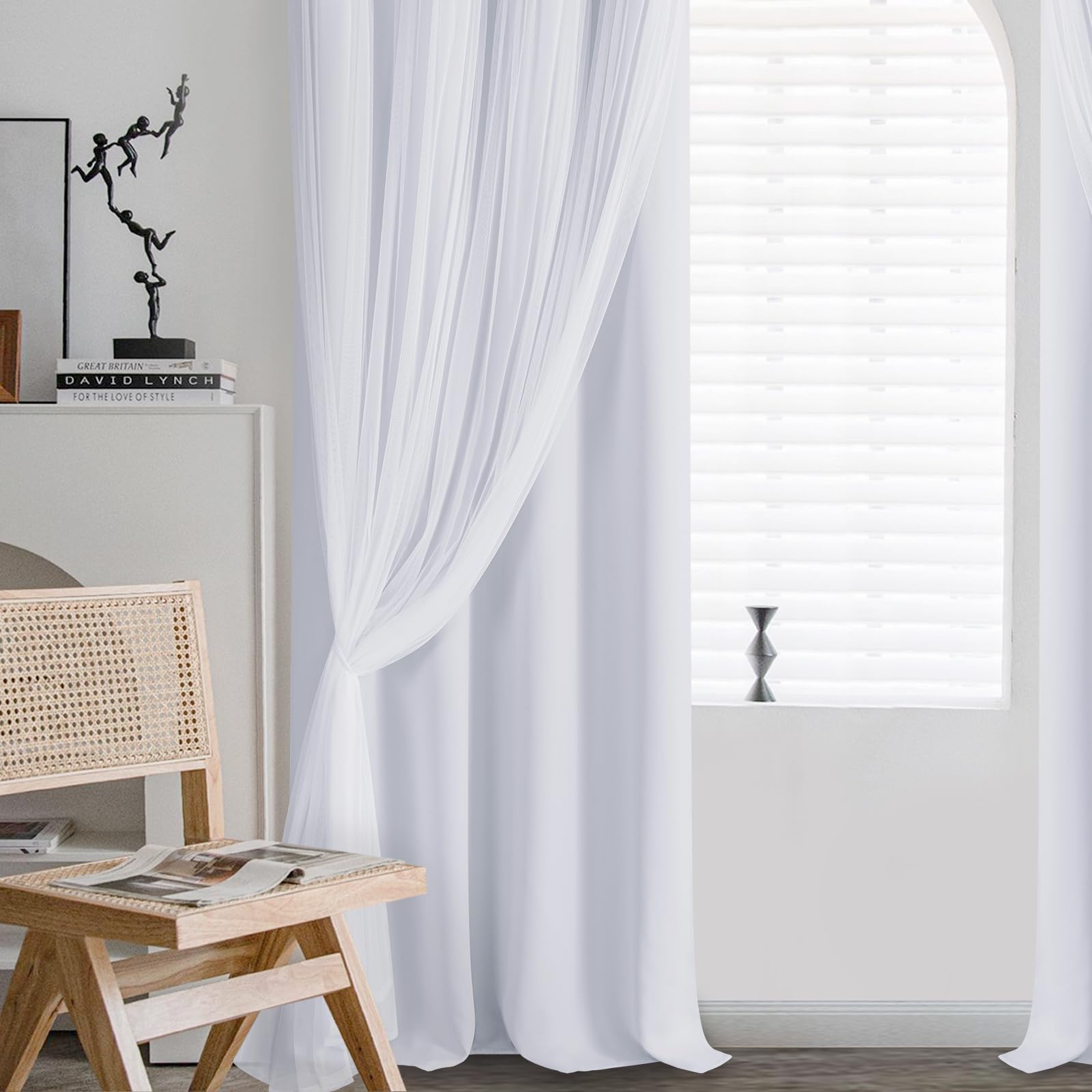 DWCN Layered Curtains, Blackout and Sheer Curtains with Tiebacks, 2 Pieces