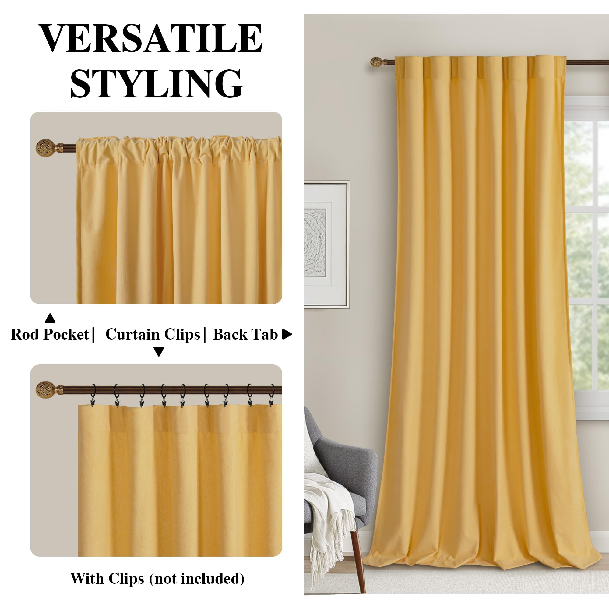 DWCN Velvet Curtains, 2 Panels - Rod Pocket and Back Tab