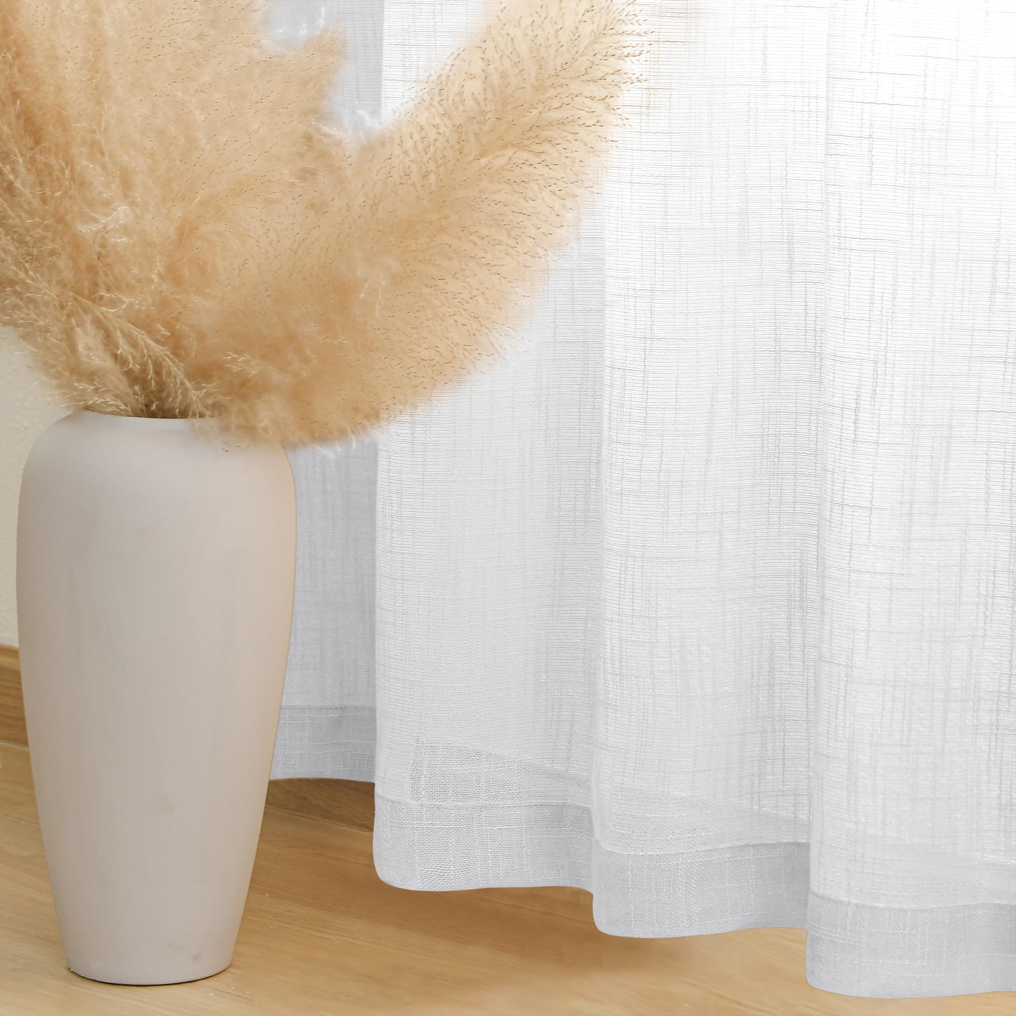 DWCN White Faux Linen Sheer Curtains, Set of 2 Panels