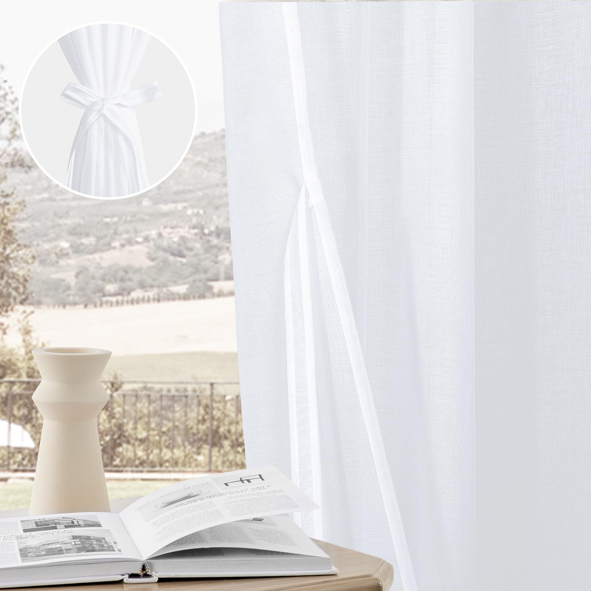 DWCN White Faux Linen Sheer Curtains with Tiebacks, Set of 2 Panels