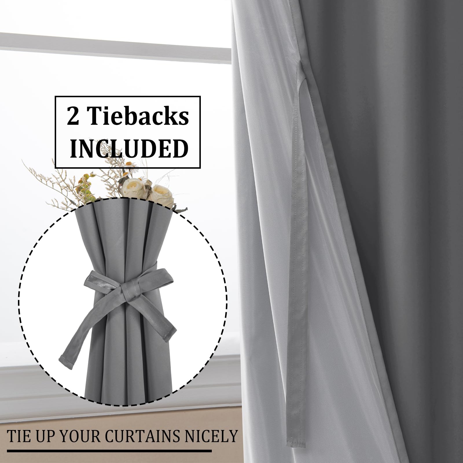 DWCN 100% Blackout Curtains with Tiebacks, Set of 2 Panels