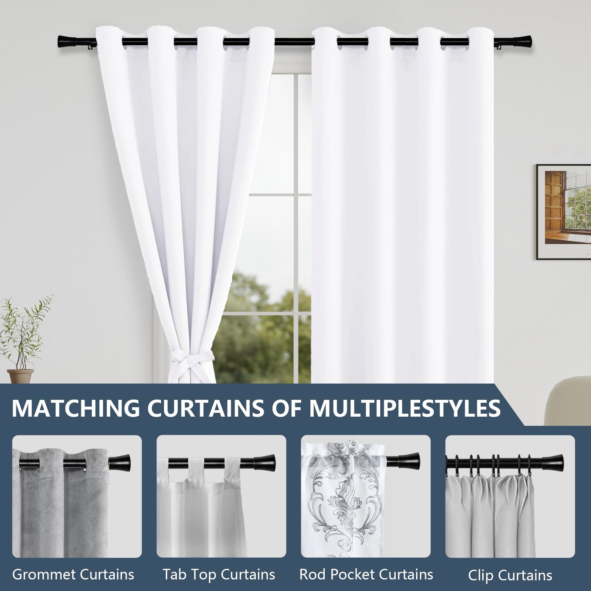 White curtains with grommet top hanging in a room with a window, with additional curtain styles shown below.