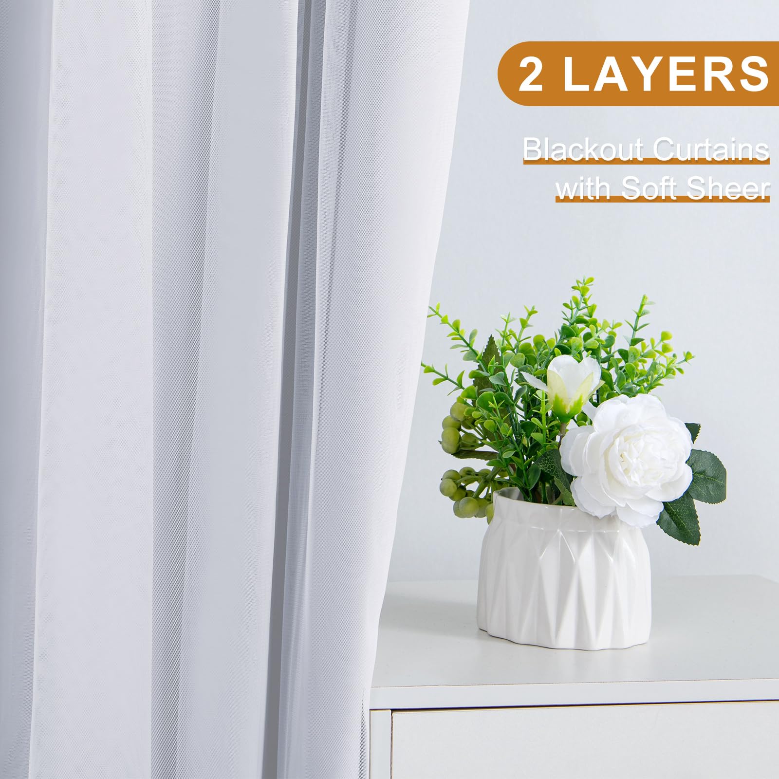 DWCN Layered Curtains, Blackout and Sheer Curtains with Tiebacks, 2 Pieces