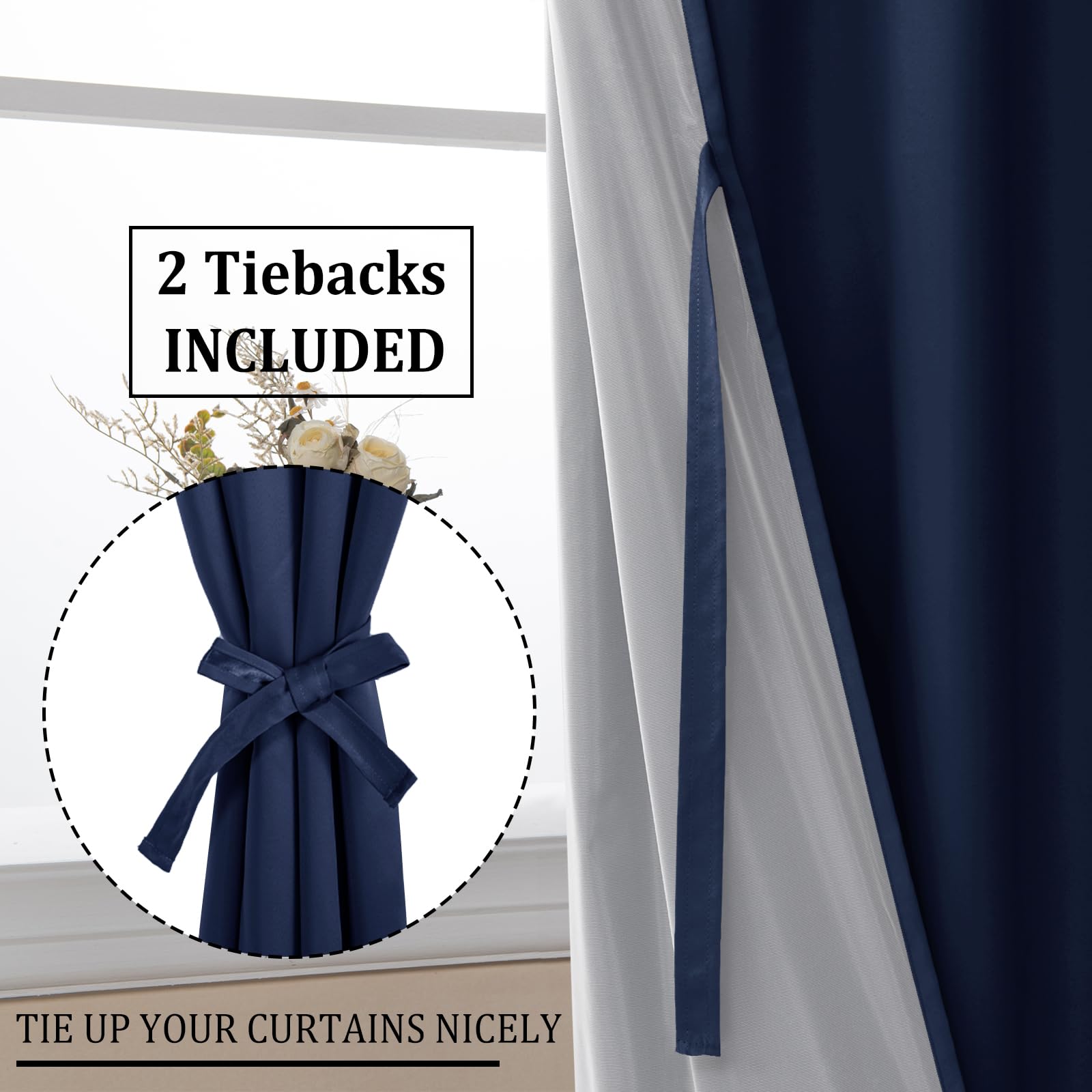 DWCN 100% Blackout Curtains with Tiebacks, Set of 2 Panels