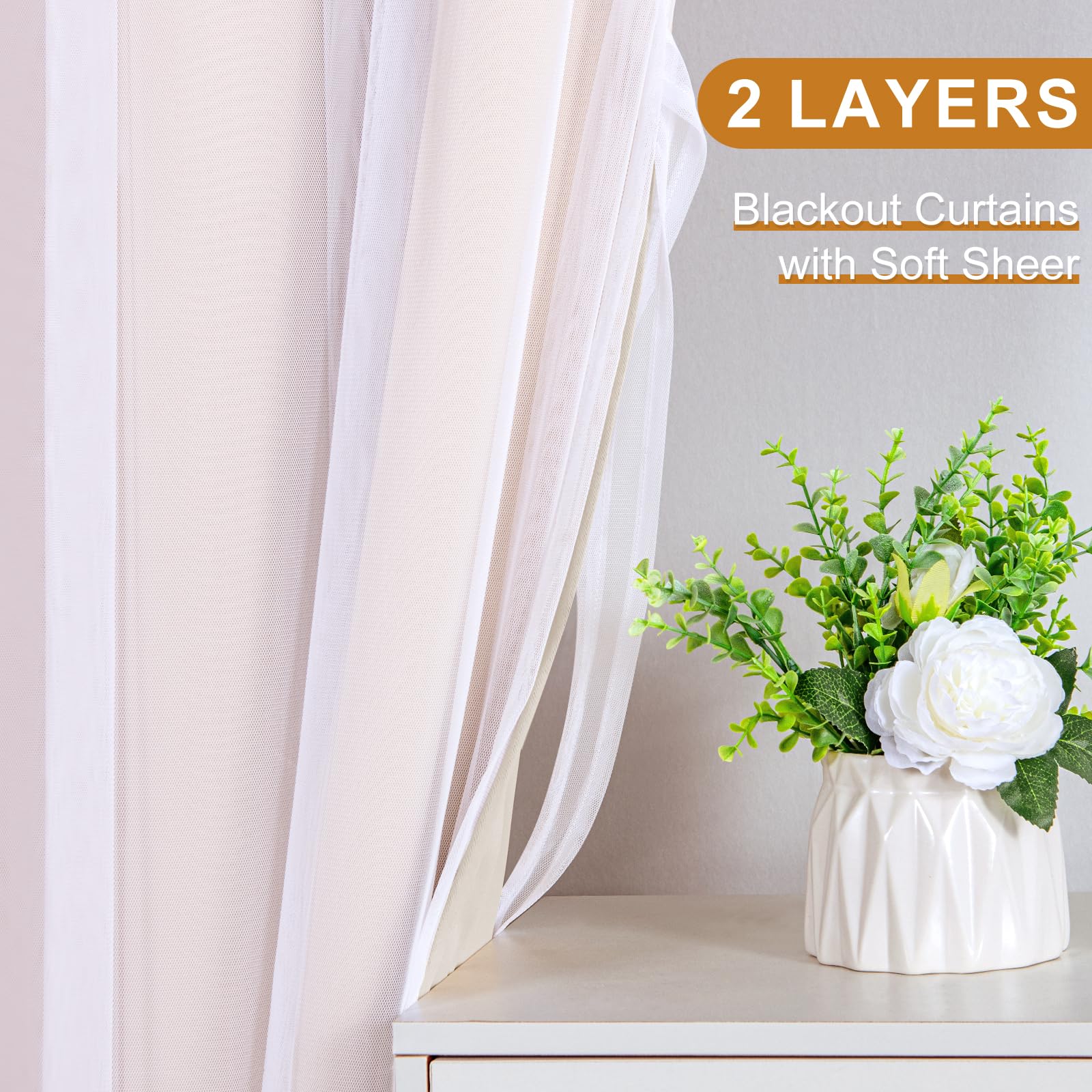 DWCN Layered Curtains, Blackout and Sheer Curtains with Tiebacks, 2 Pieces