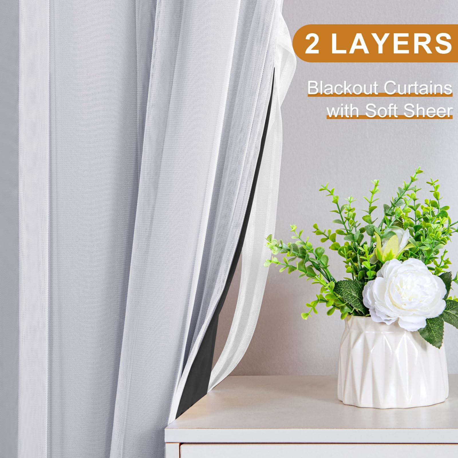DWCN Layered Curtains, Blackout and Sheer Curtains with Tiebacks, 2 Pieces