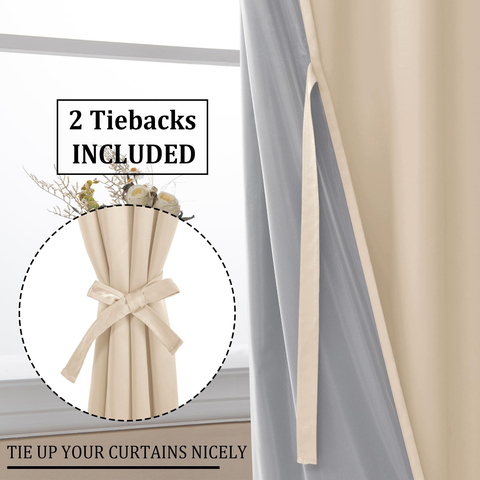DWCN 100% Blackout Curtains with Tiebacks, Set of 2 Panels