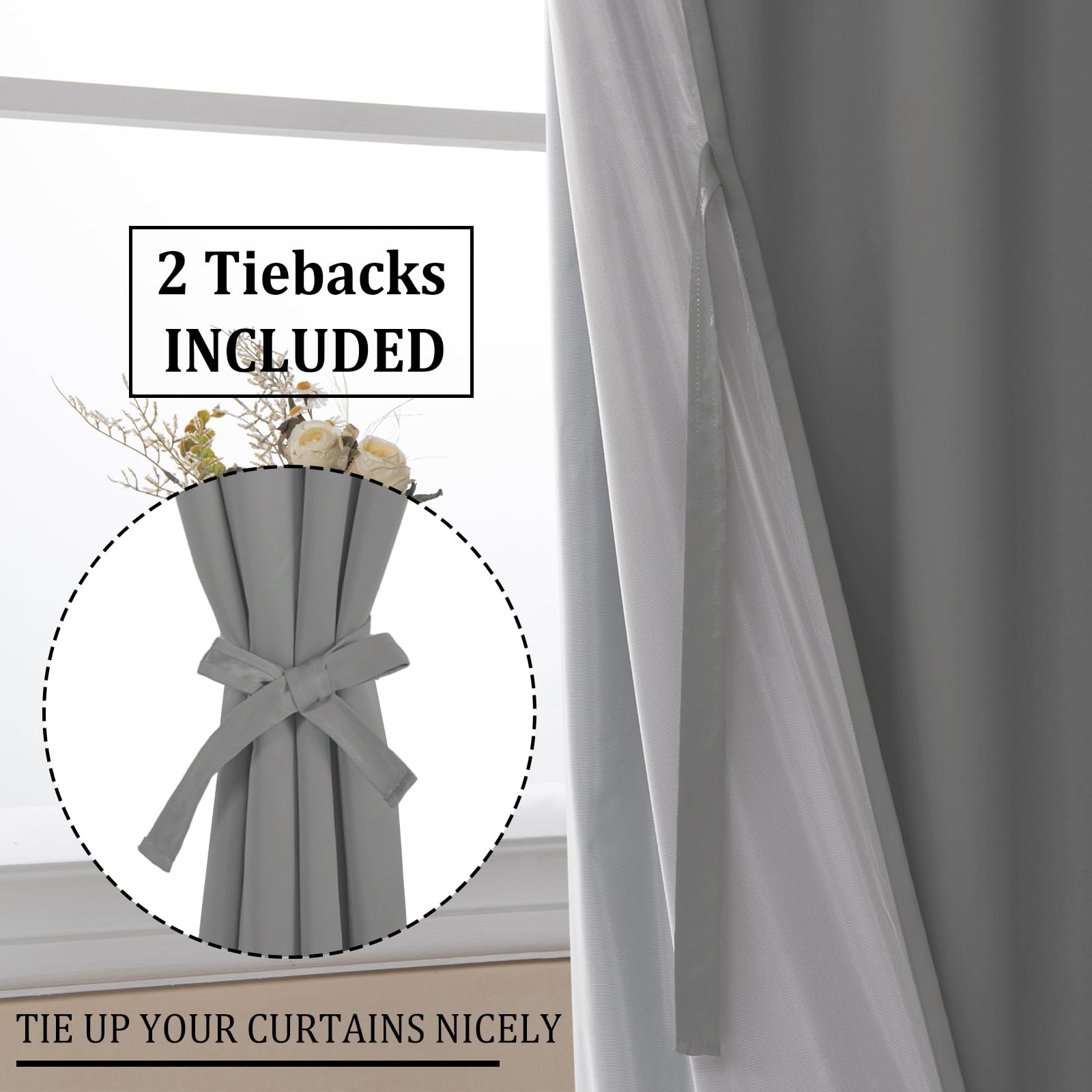 DWCN 100% Blackout Curtains with Tiebacks, Set of 2 Panels