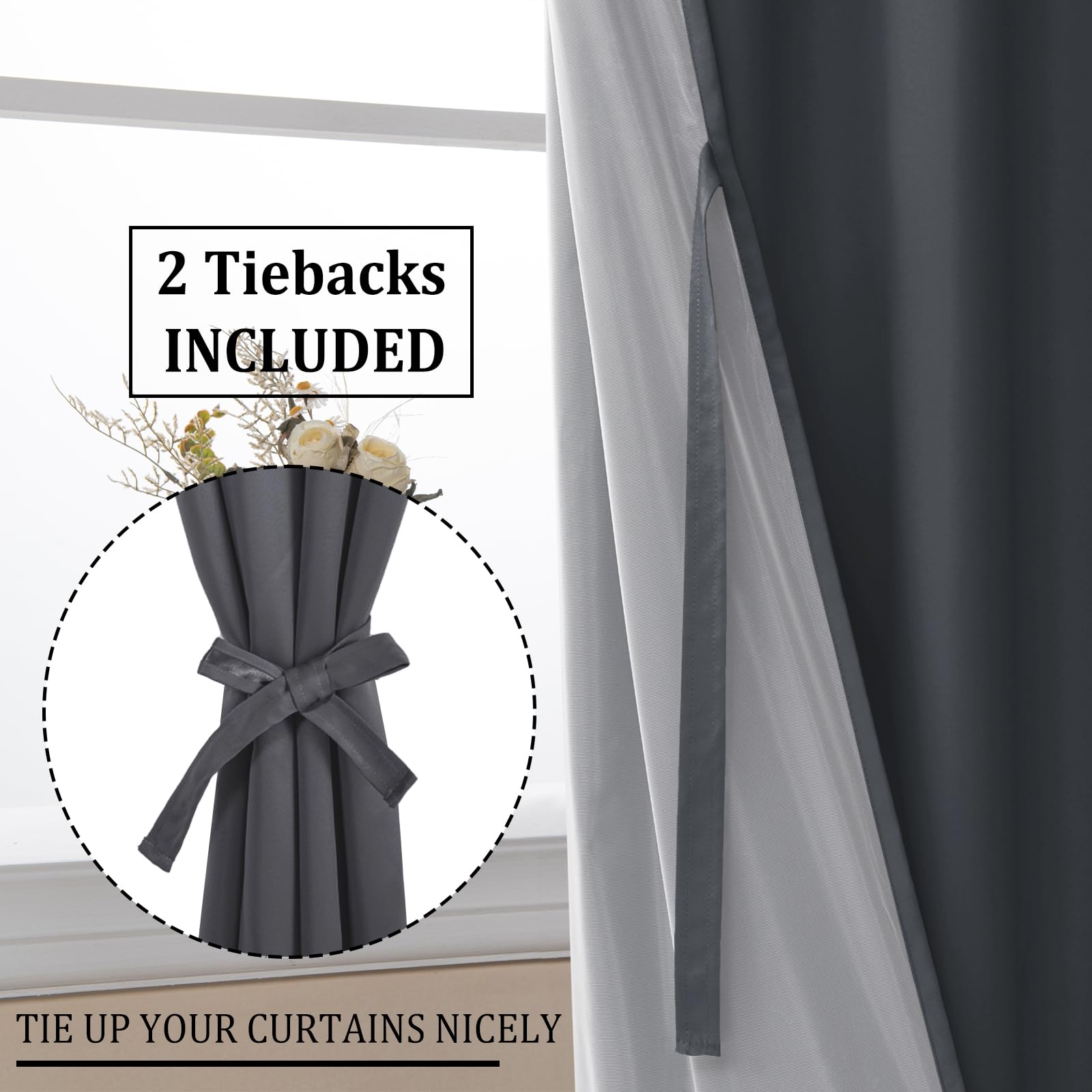 DWCN 100% Blackout Curtains with Tiebacks, Set of 2 Panels