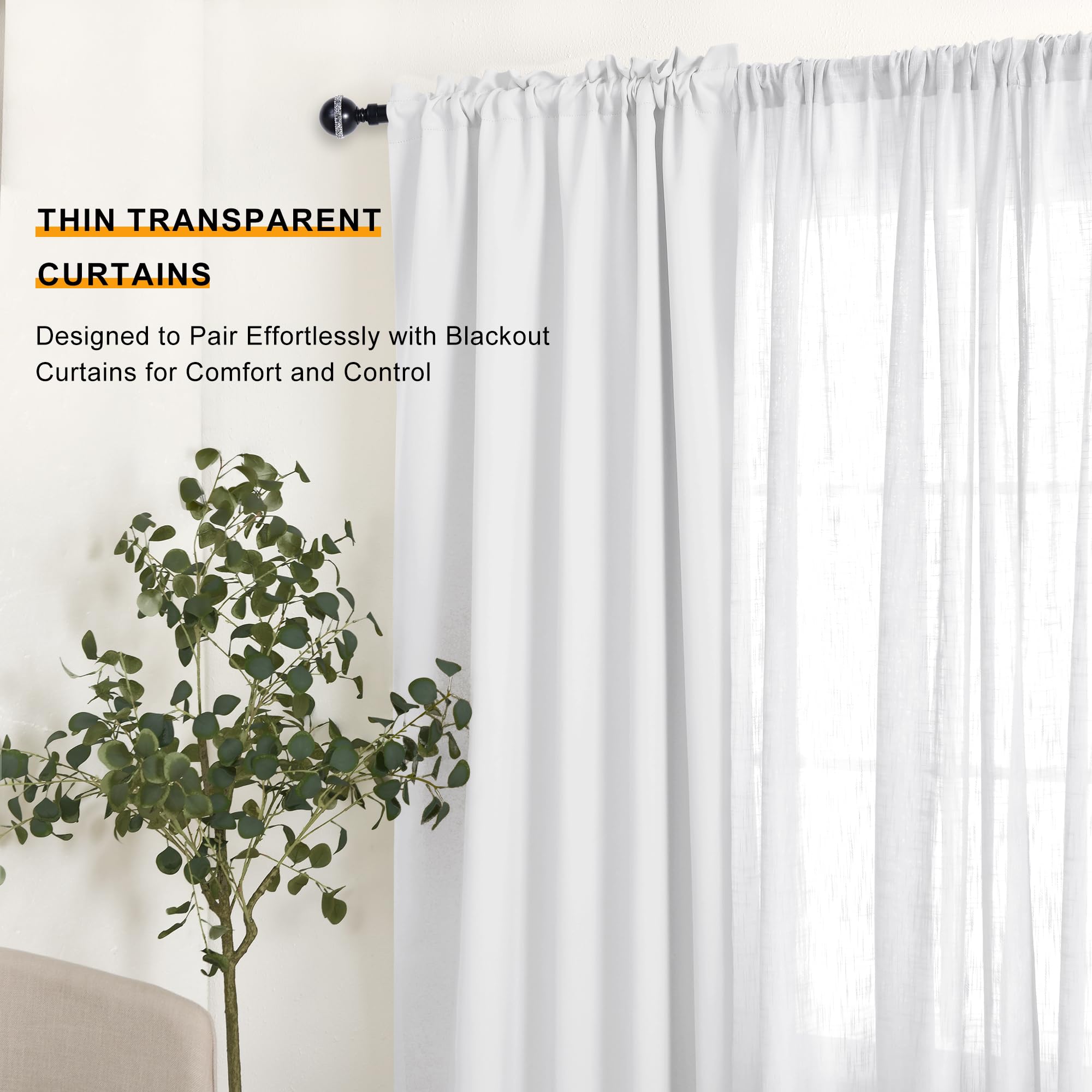 DWCN White Faux Linen Sheer Curtains, Set of 2 Panels