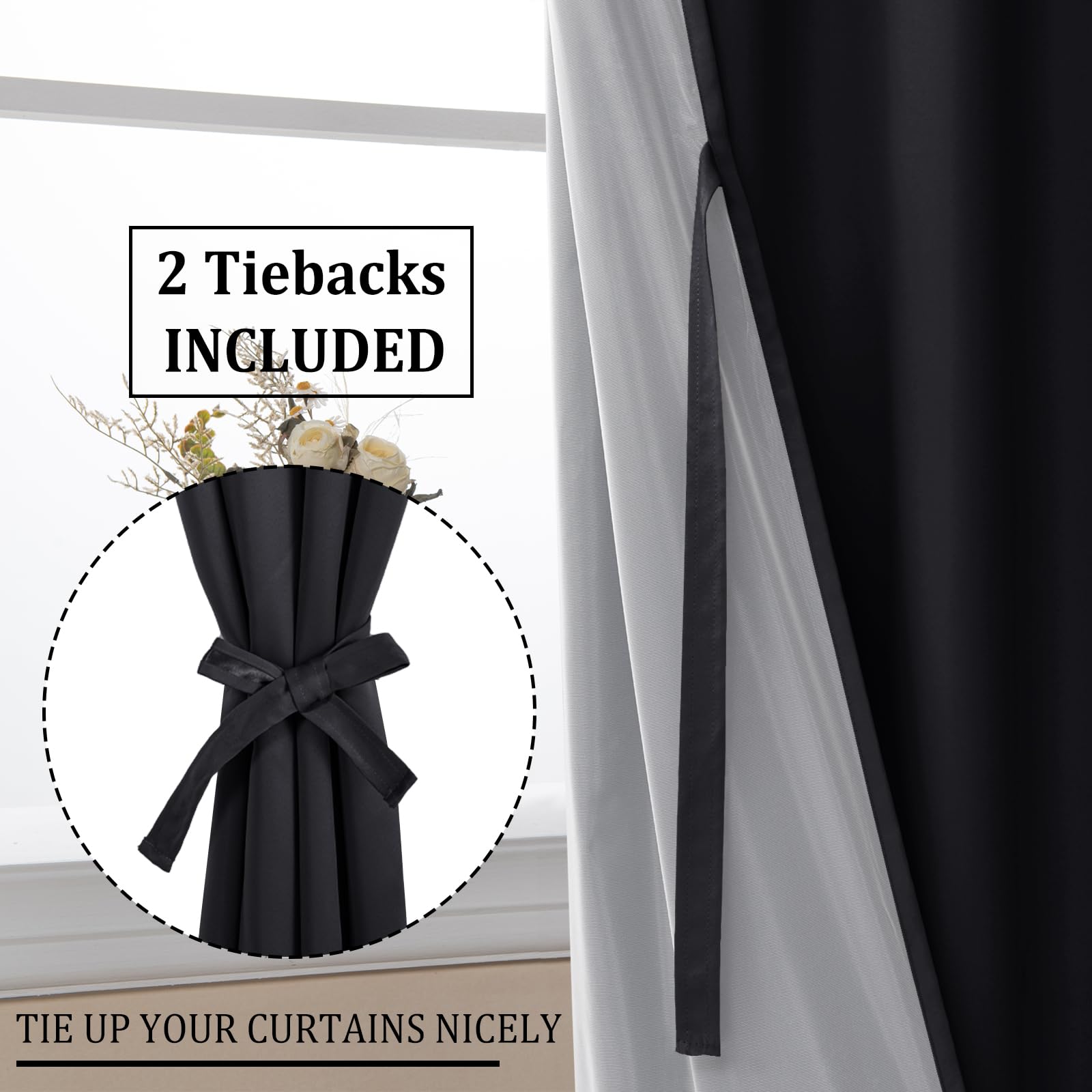 DWCN 100% Blackout Curtains with Tiebacks, Set of 2 Panels