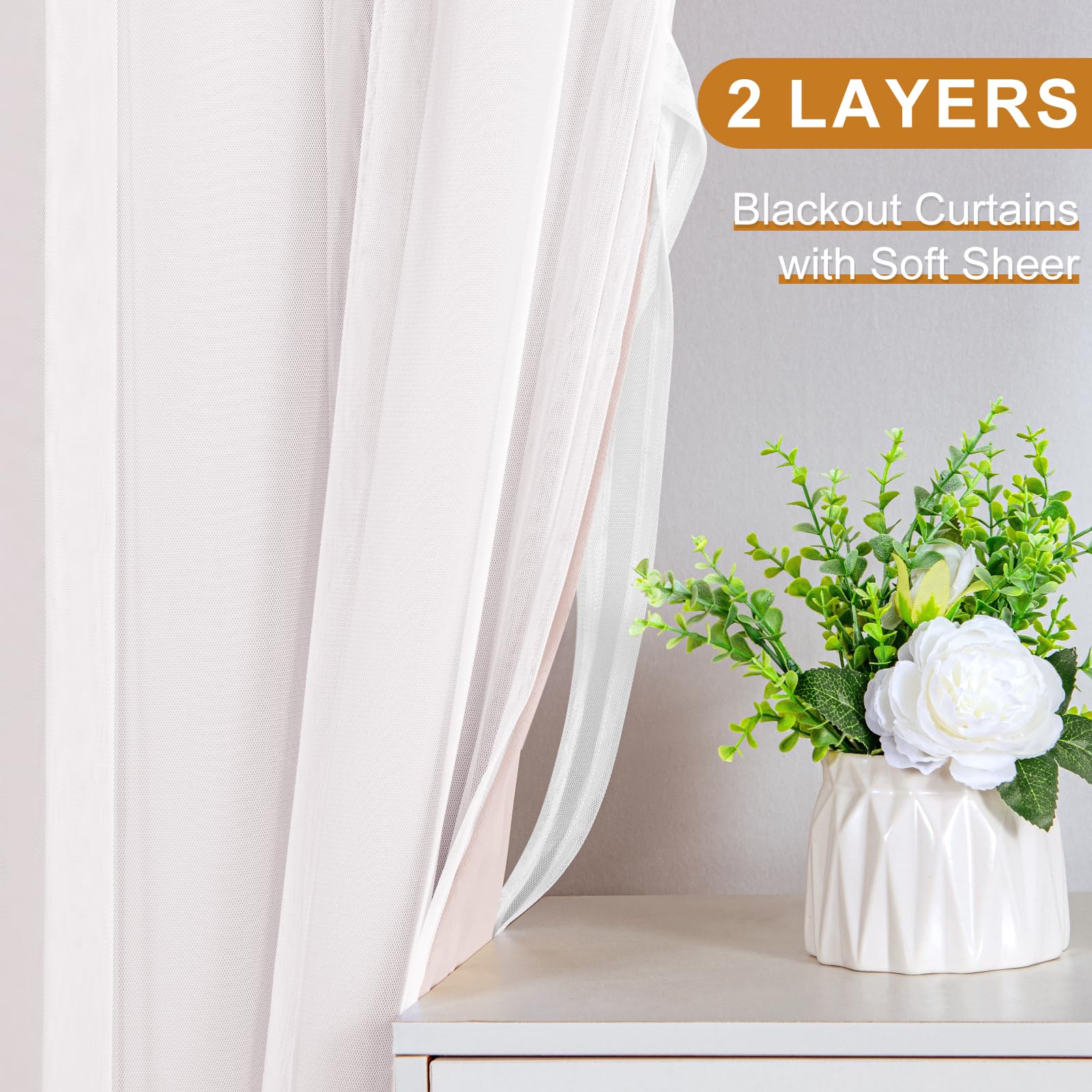 DWCN Layered Curtains, Blackout and Sheer Curtains with Tiebacks, 2 Pieces