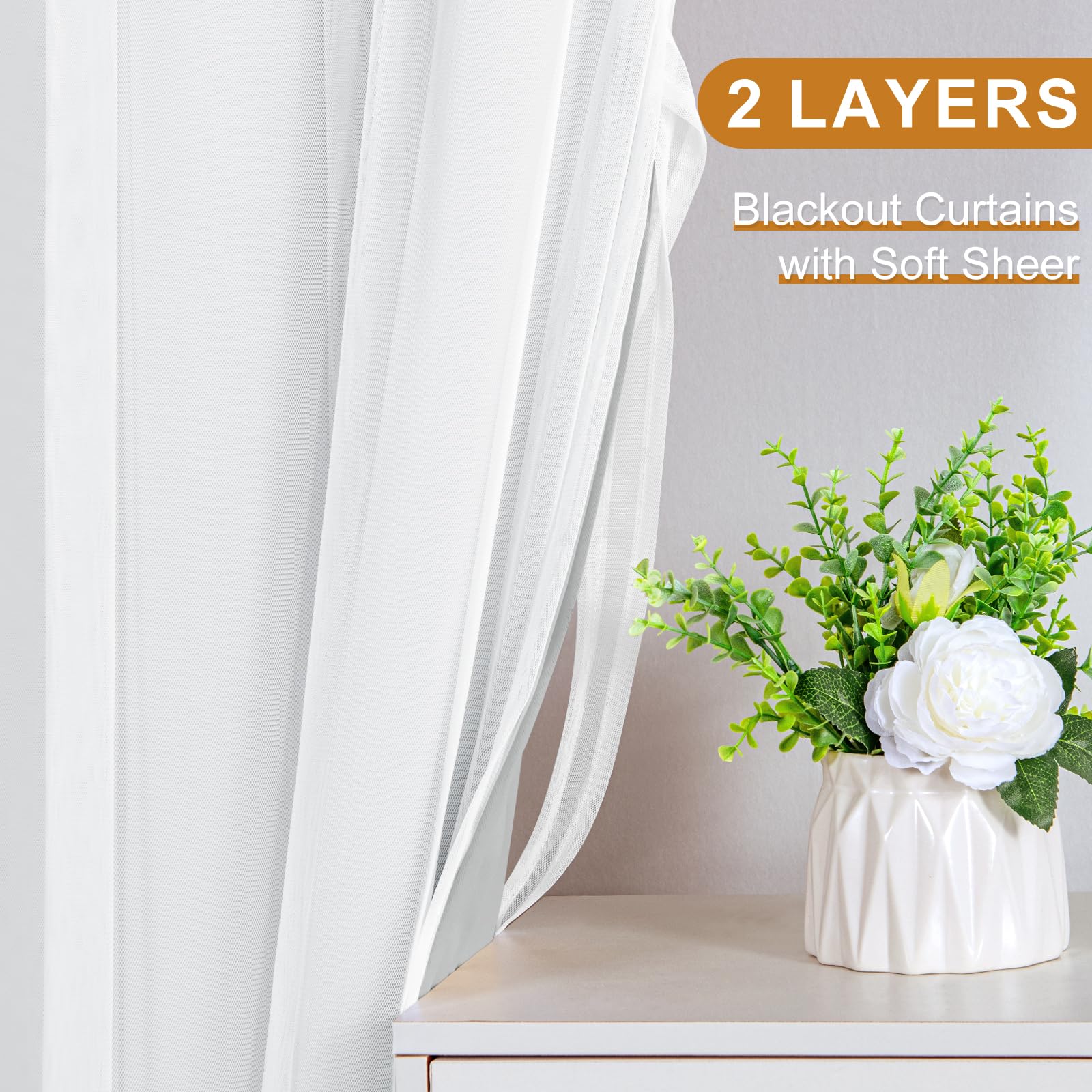 DWCN Layered Curtains, Blackout and Sheer Curtains with Tiebacks, 2 Pieces
