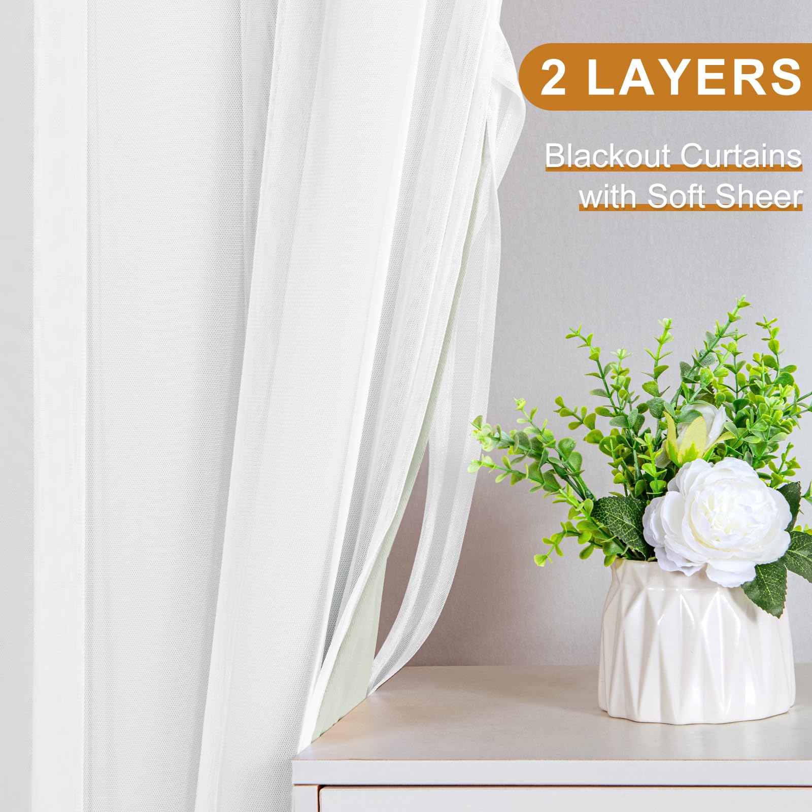 DWCN Layered Curtains, Blackout and Sheer Curtains with Tiebacks, 2 Pieces