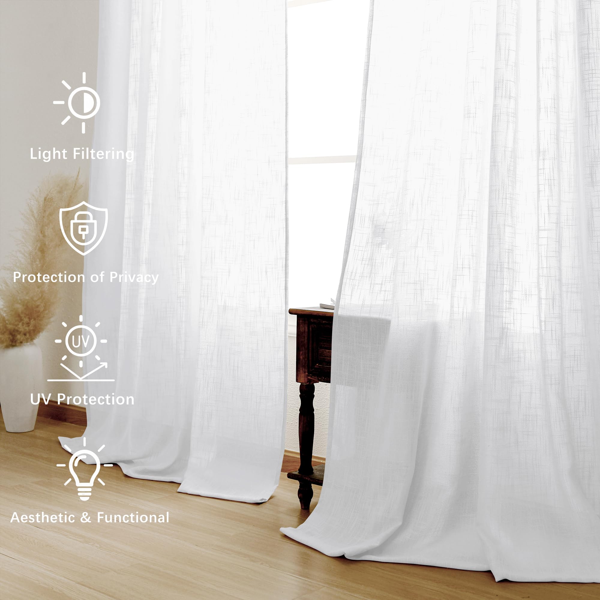 DWCN White Faux Linen Sheer Curtains, Set of 2 Panels