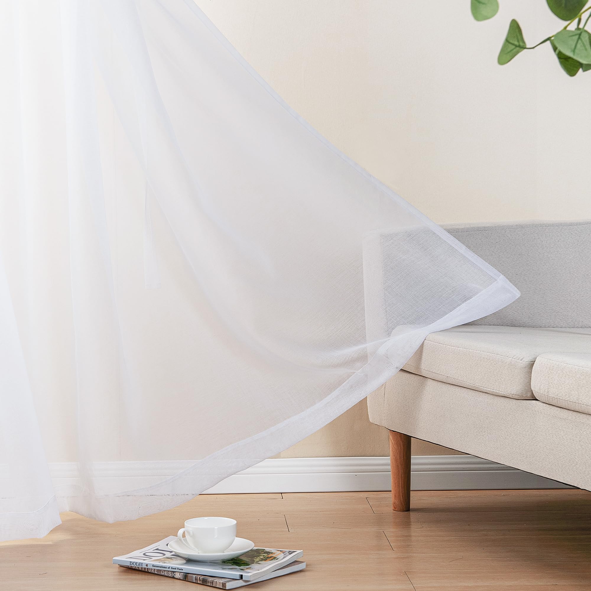 DWCN White Faux Linen Sheer Curtains with Tiebacks, Set of 2 Panels