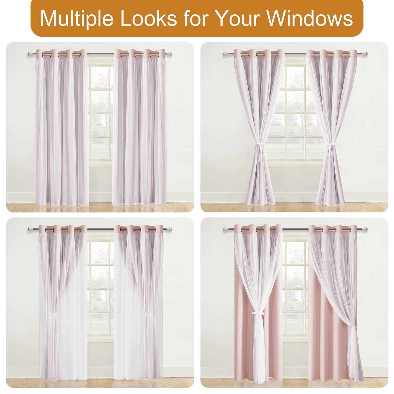 DWCN Layered Curtains, Blackout and Sheer Curtains with Tiebacks, 2 Pieces