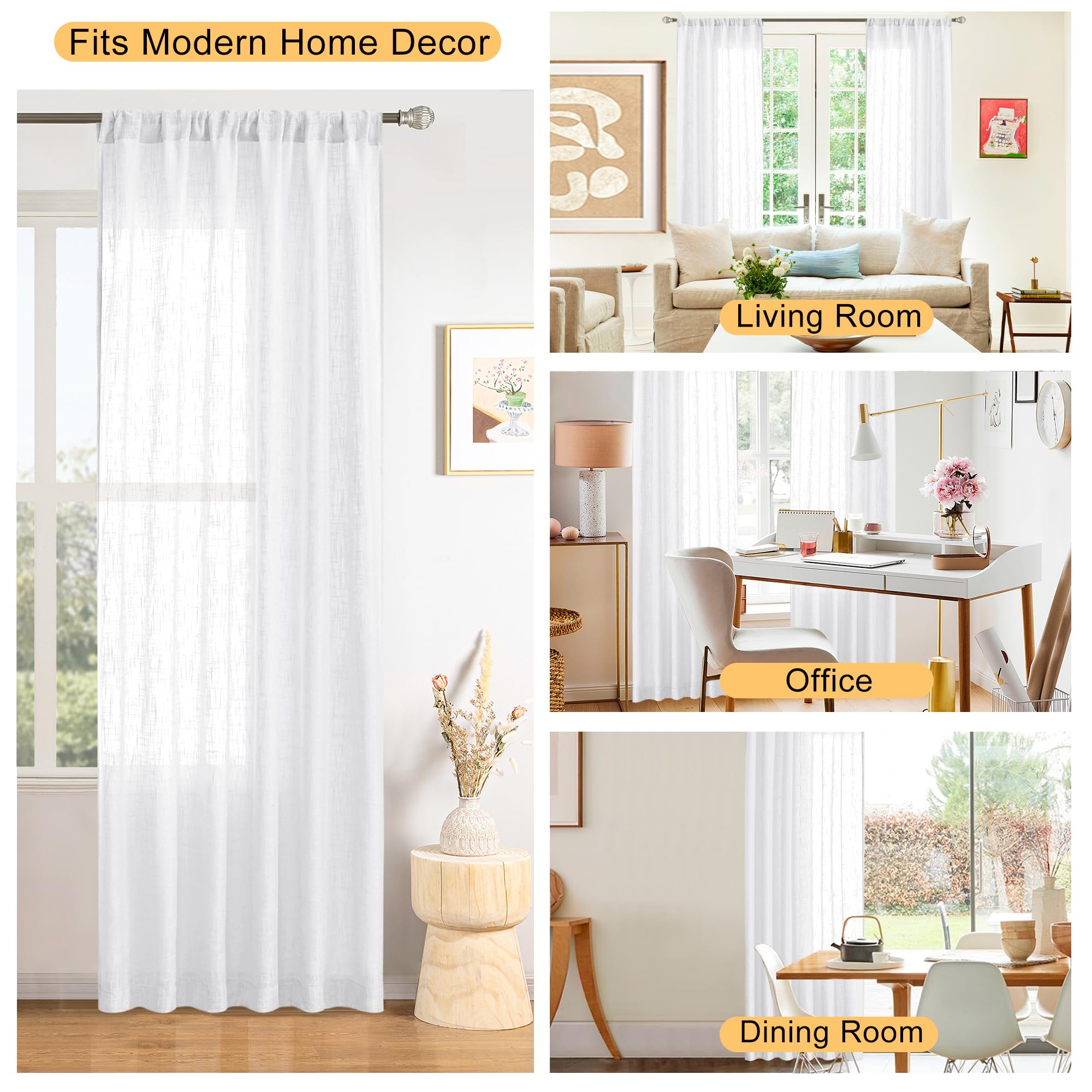 DWCN White Faux Linen Sheer Curtains, Set of 2 Panels