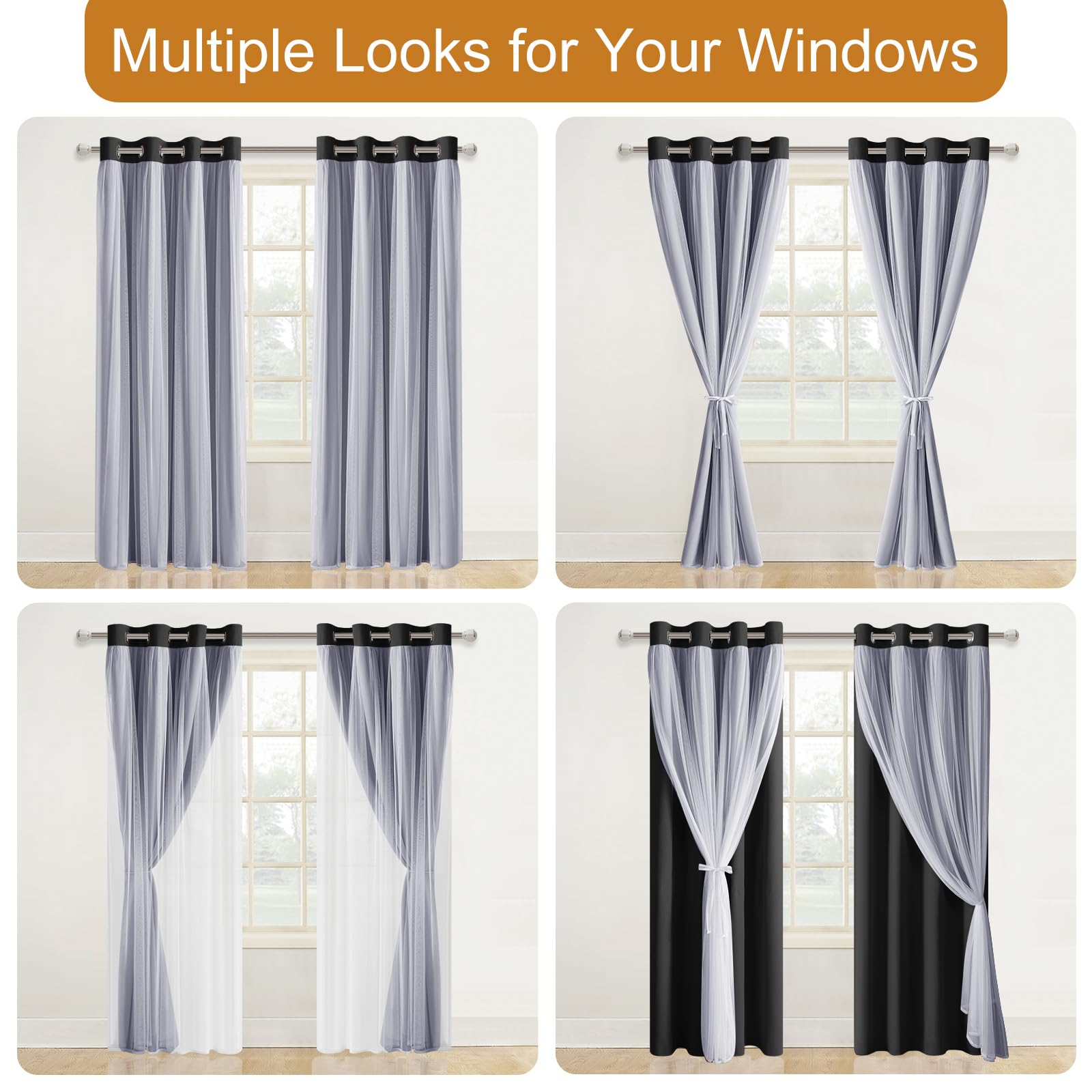 DWCN Layered Curtains, Blackout and Sheer Curtains with Tiebacks, 2 Pieces