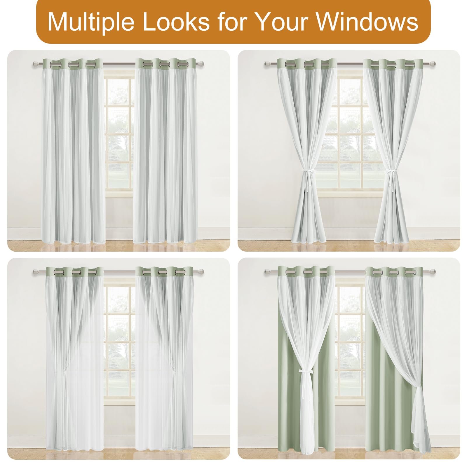 DWCN Layered Curtains, Blackout and Sheer Curtains with Tiebacks, 2 Pieces