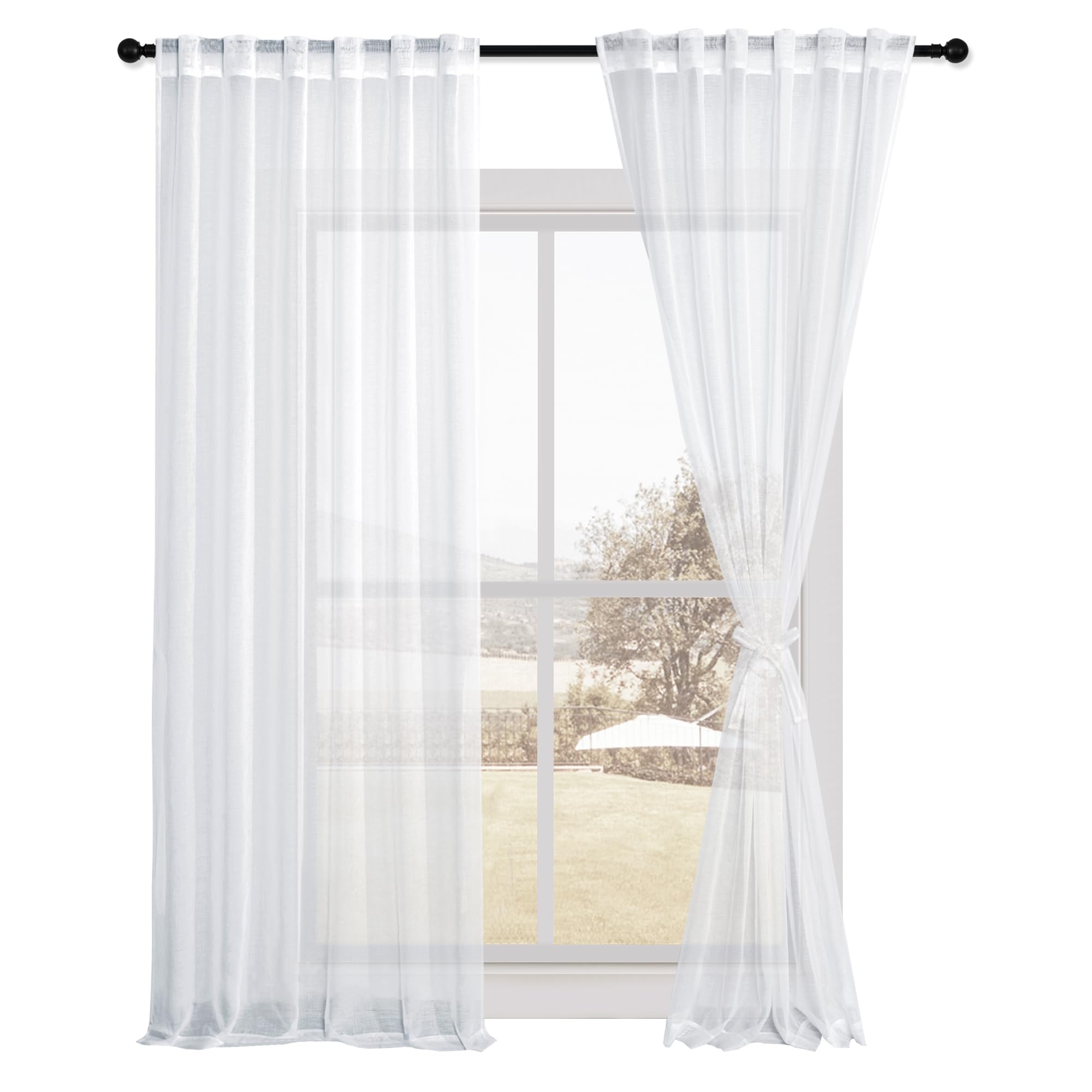 DWCN White Faux Linen Sheer Curtains with Tiebacks, Set of 2 Panels