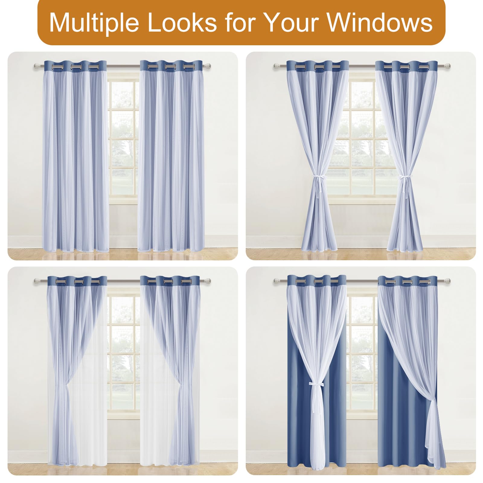 DWCN Layered Curtains, Blackout and Sheer Curtains with Tiebacks, 2 Pieces