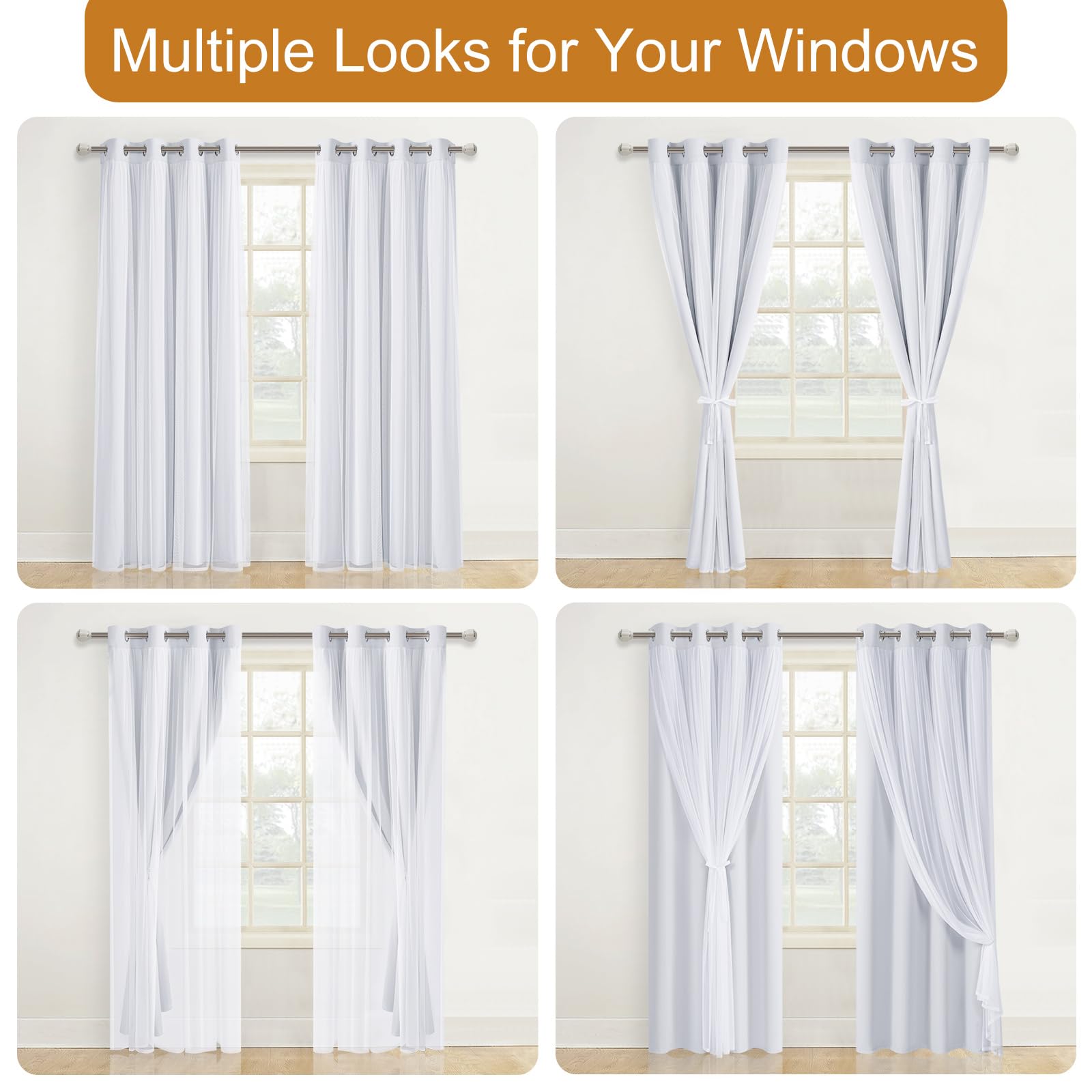 DWCN Layered Curtains, Blackout and Sheer Curtains with Tiebacks, 2 Pieces