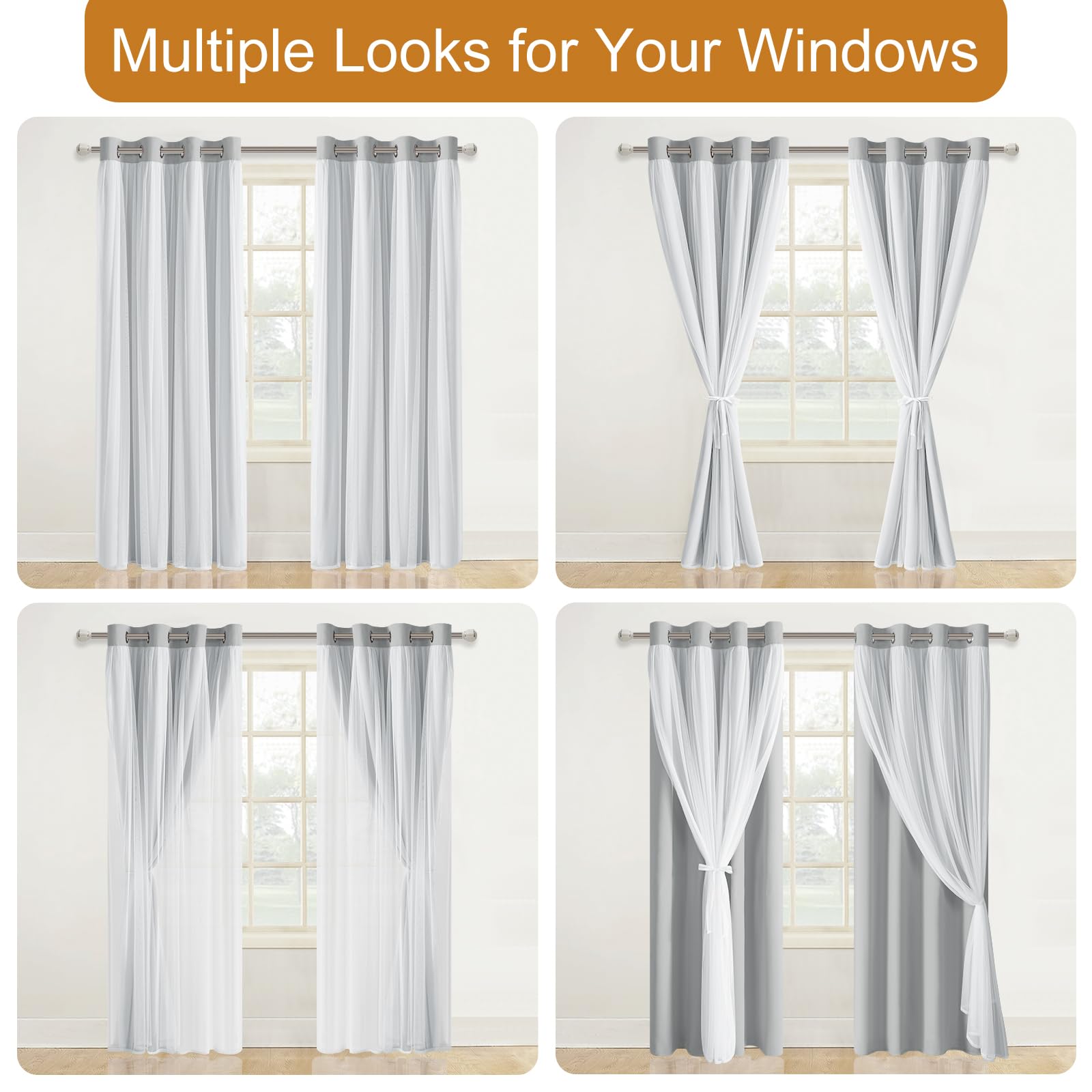 DWCN Layered Curtains, Blackout and Sheer Curtains with Tiebacks, 2 Pieces