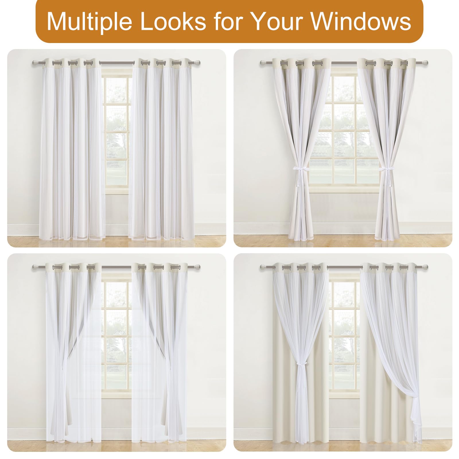 DWCN Layered Curtains, Blackout and Sheer Curtains with Tiebacks, 2 Pieces