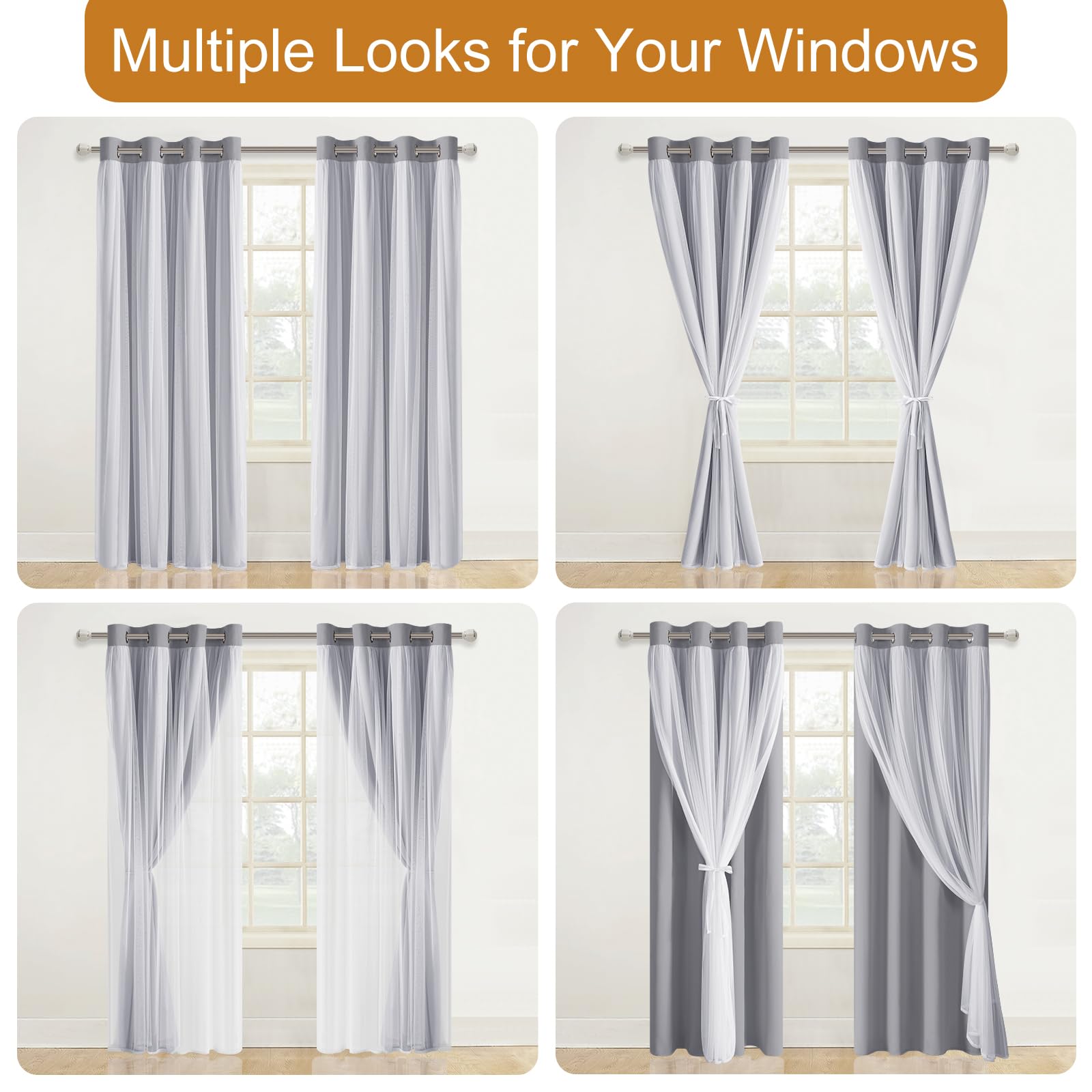 DWCN Layered Curtains, Blackout and Sheer Curtains with Tiebacks, 2 Pieces