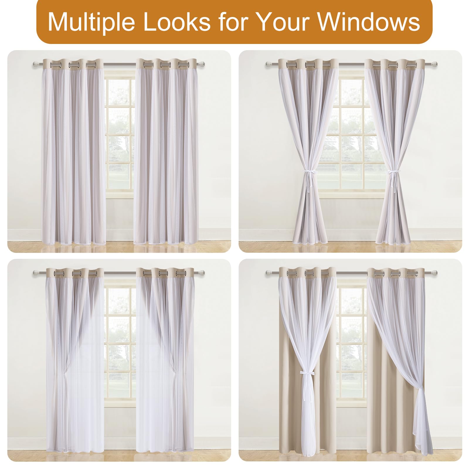 DWCN Layered Curtains, Blackout and Sheer Curtains with Tiebacks, 2 Pieces