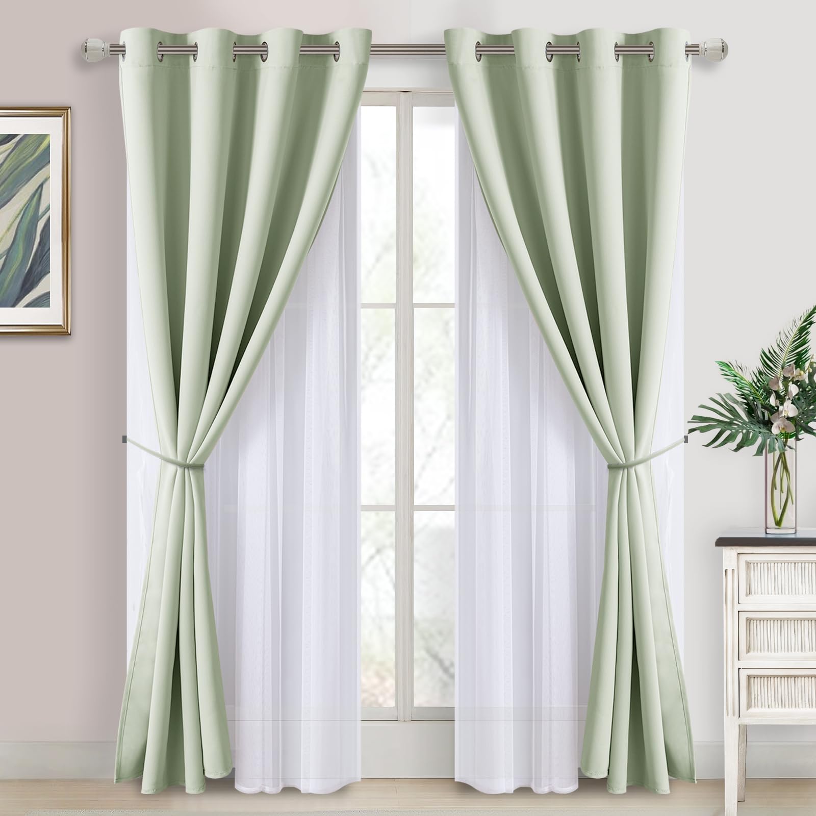 DWCN Layered Curtains, Blackout and Sheer Curtains with Tiebacks, 2 Pieces