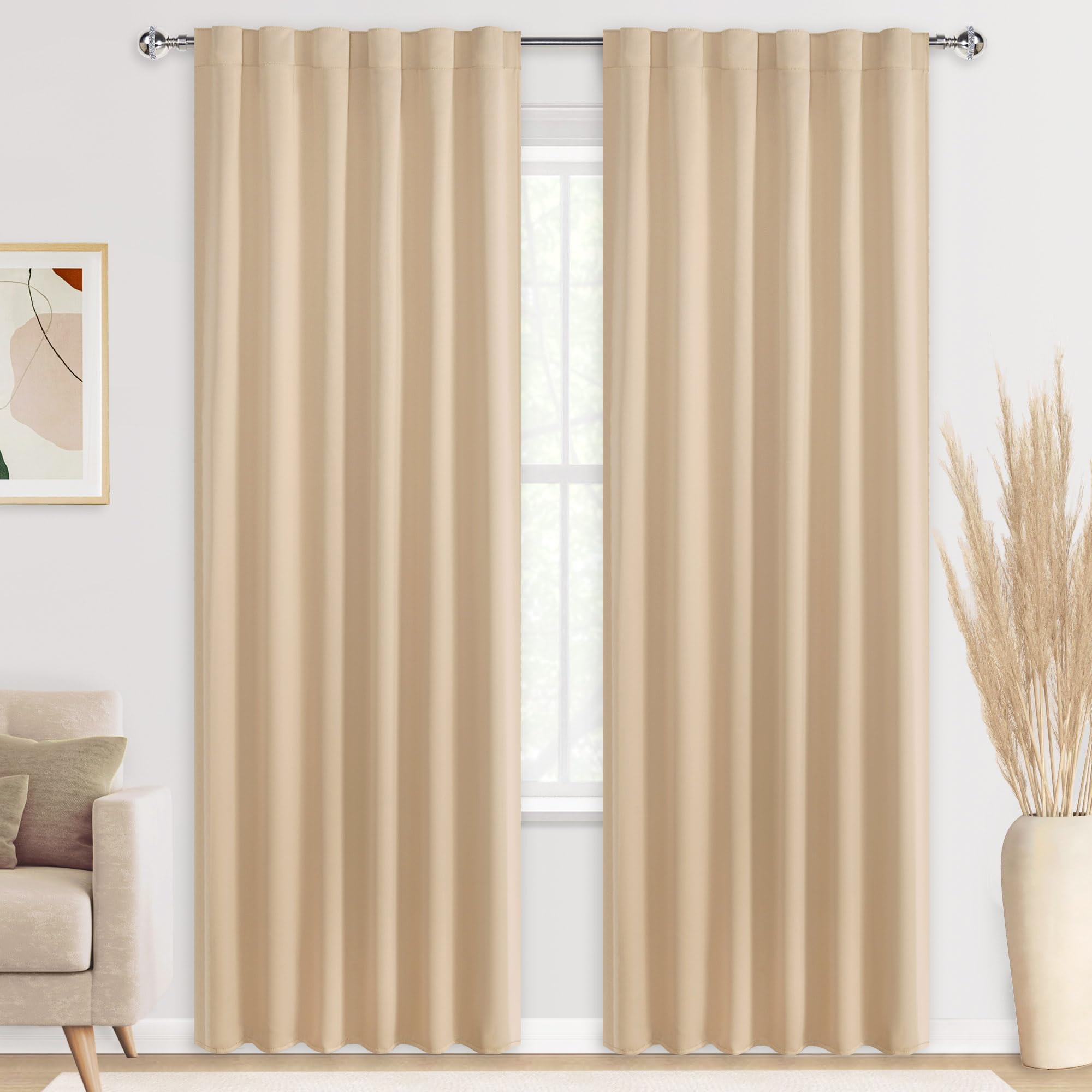DWCN Blackout Curtains with Tiebacks, Rod Pocket/Back Tab, Set of 2 Panels