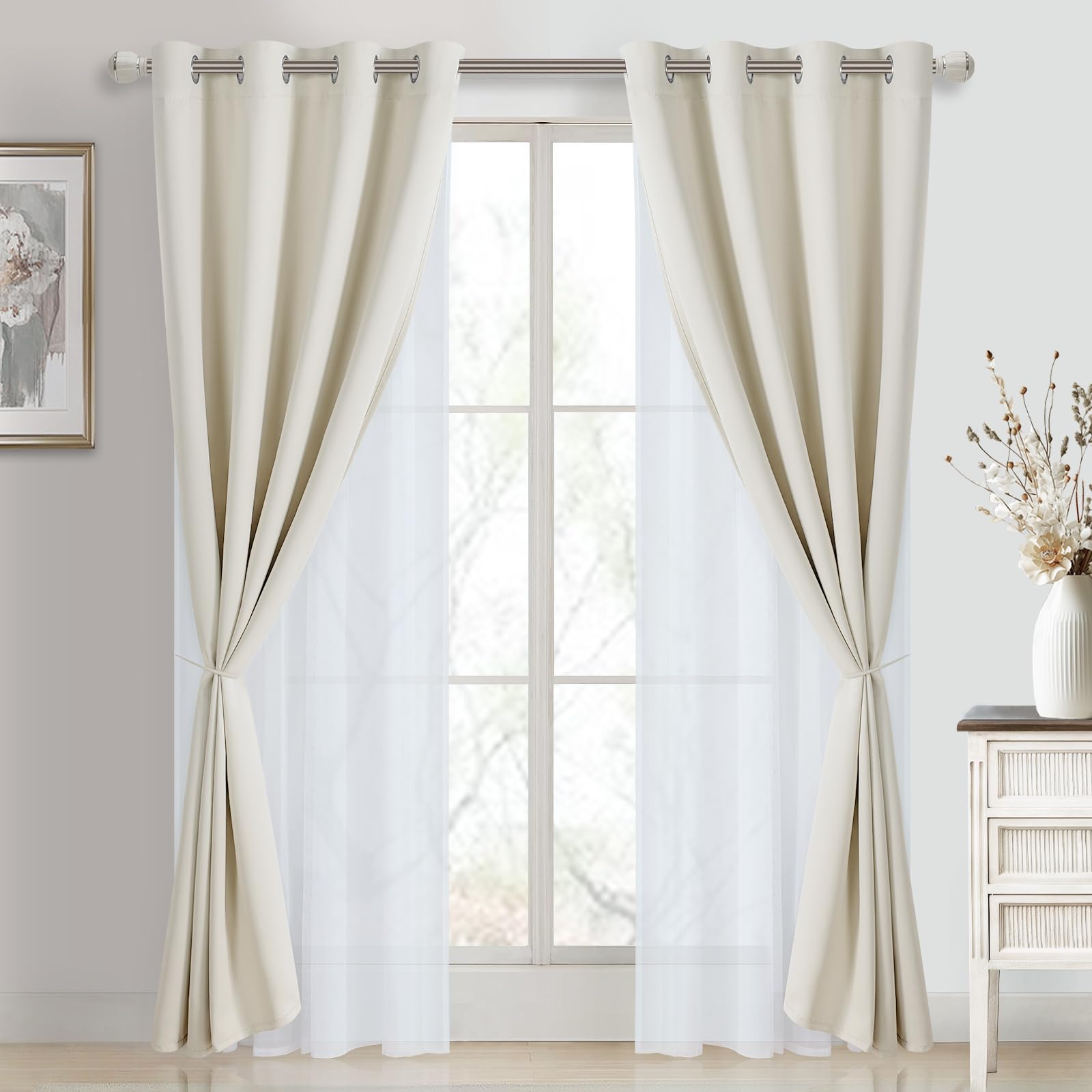 DWCN Layered Curtains, Blackout and Sheer Curtains with Tiebacks, 2 Pieces