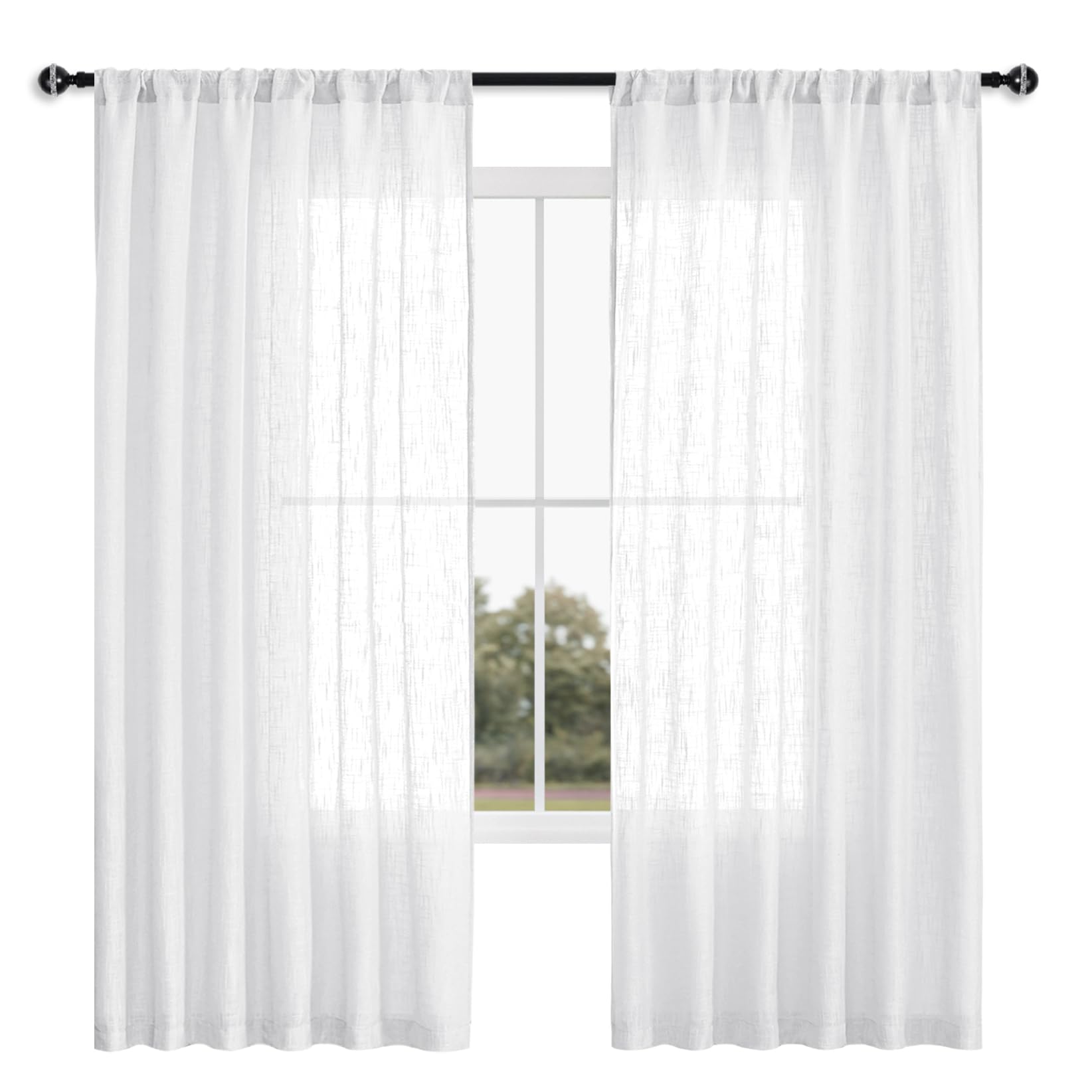 DWCN White Faux Linen Sheer Curtains, Set of 2 Panels