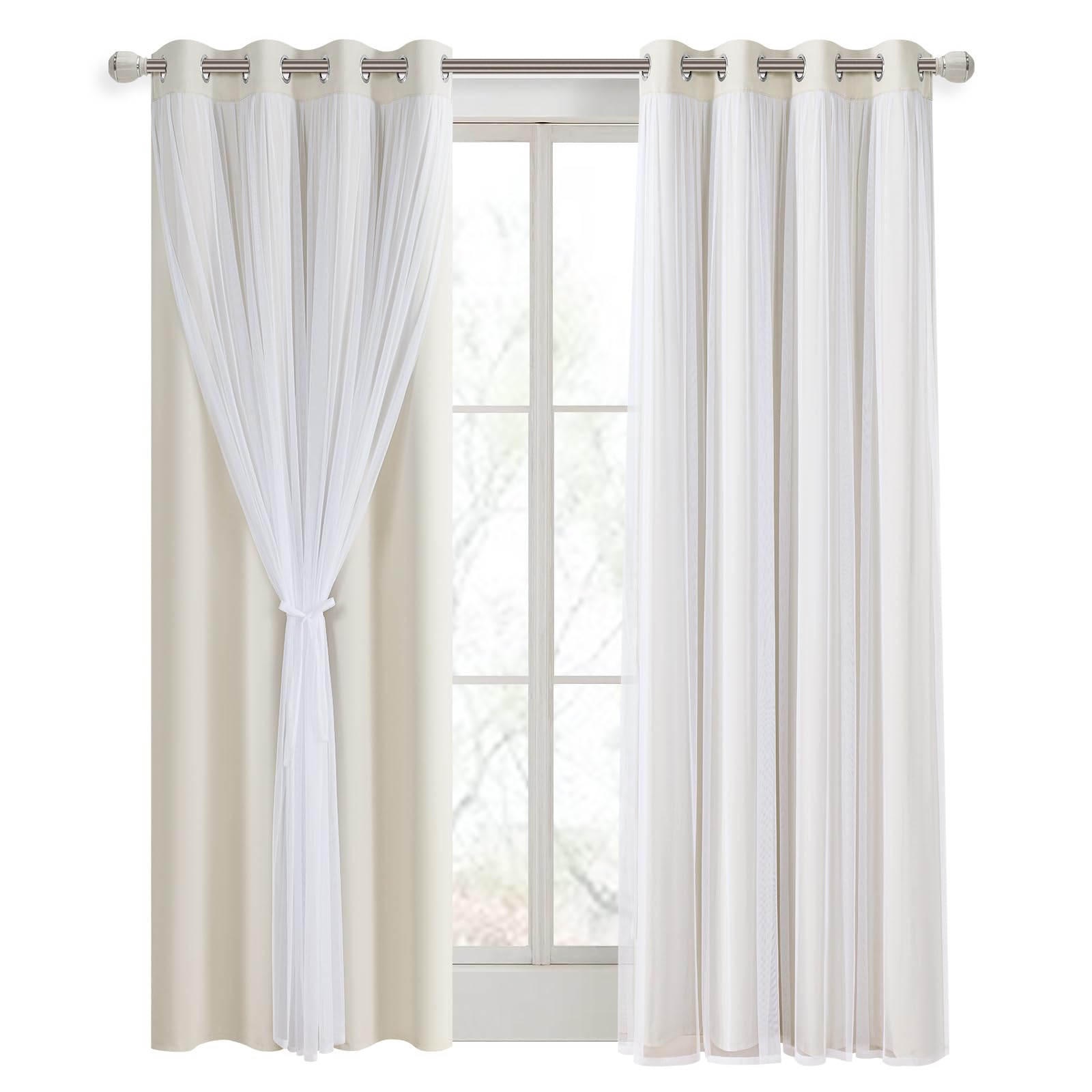 DWCN Layered Curtains, Blackout and Sheer Curtains with Tiebacks, 2 Pieces