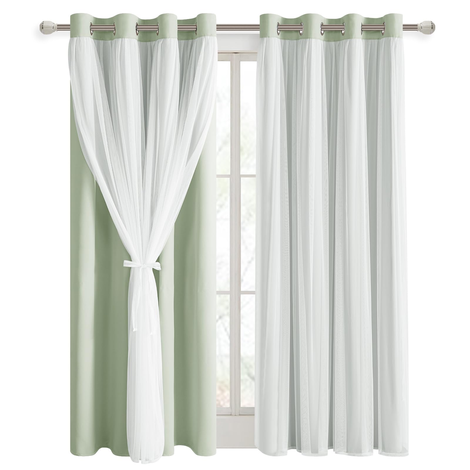 DWCN Layered Curtains, Blackout and Sheer Curtains with Tiebacks, 2 Pieces