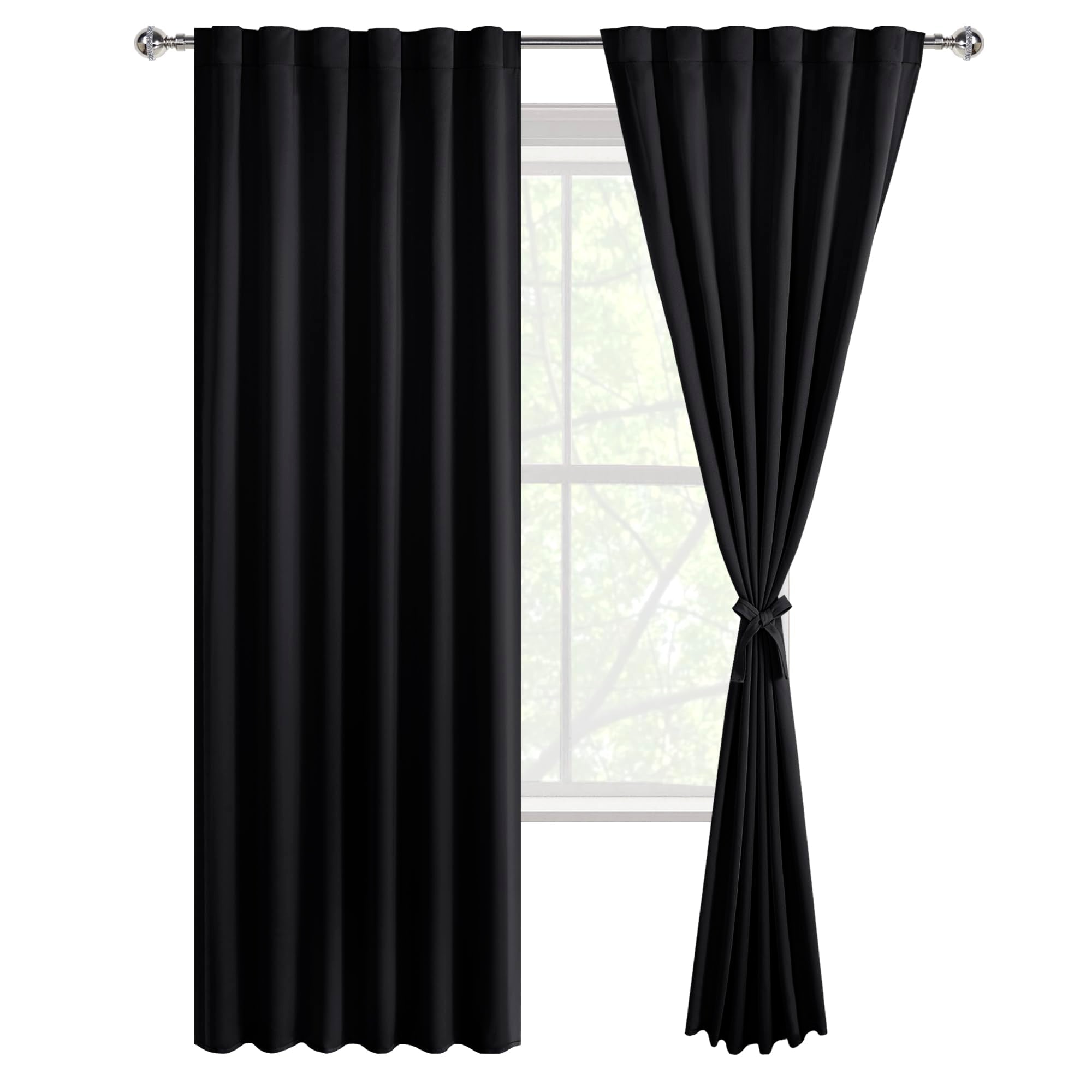 DWCN Blackout Curtains with Tiebacks, Rod Pocket/Back Tab, Set of 2 Panels