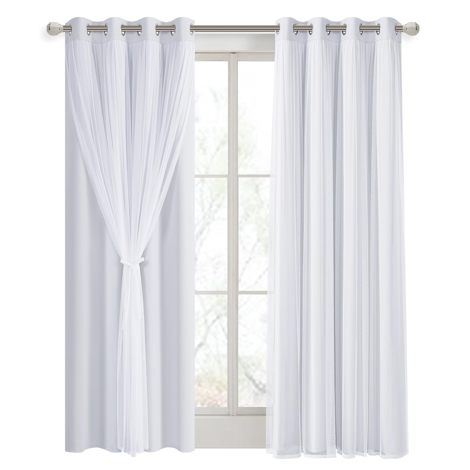 DWCN Layered Curtains, Blackout and Sheer Curtains with Tiebacks, 2 Pieces