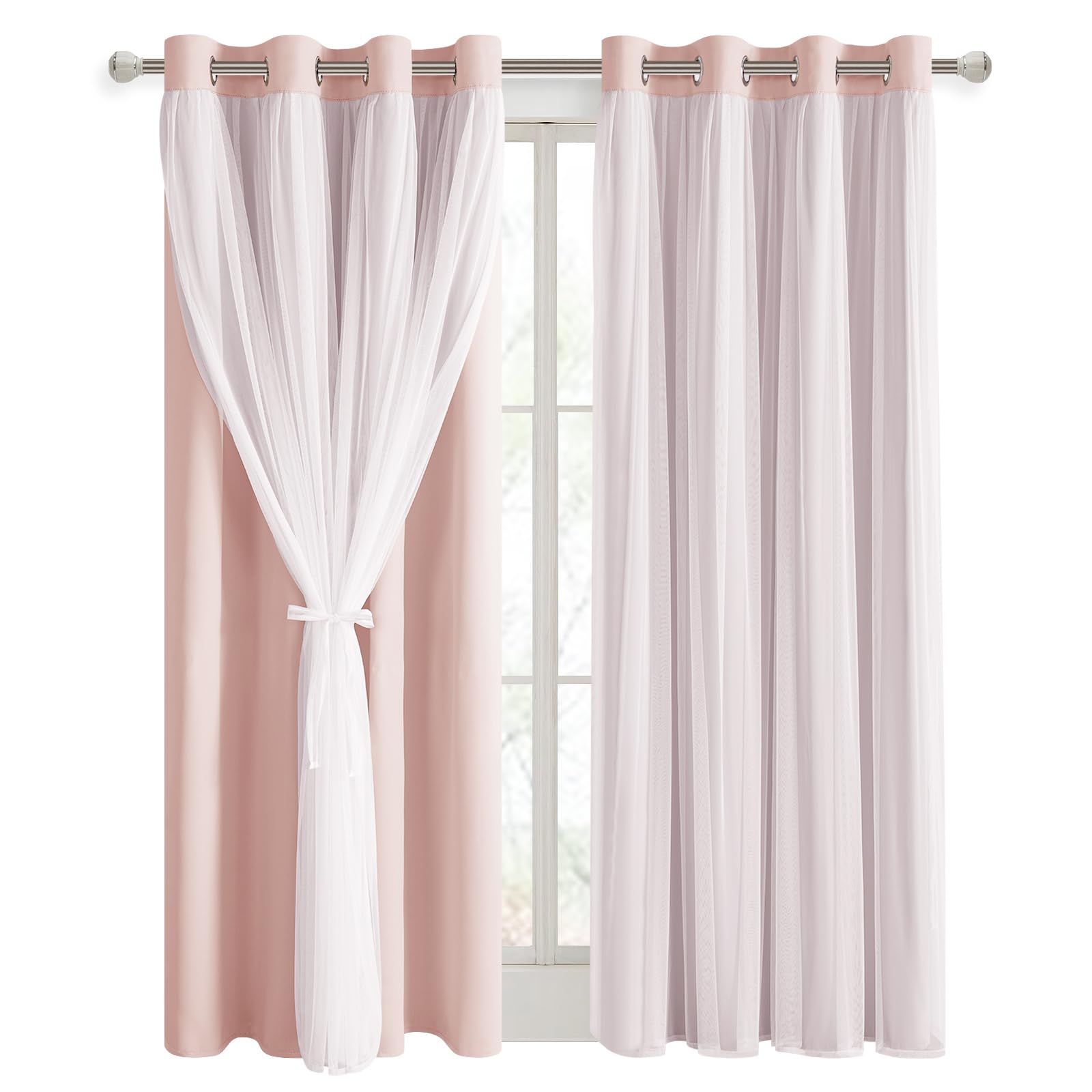 DWCN Layered Curtains, Blackout and Sheer Curtains with Tiebacks, 2 Pieces