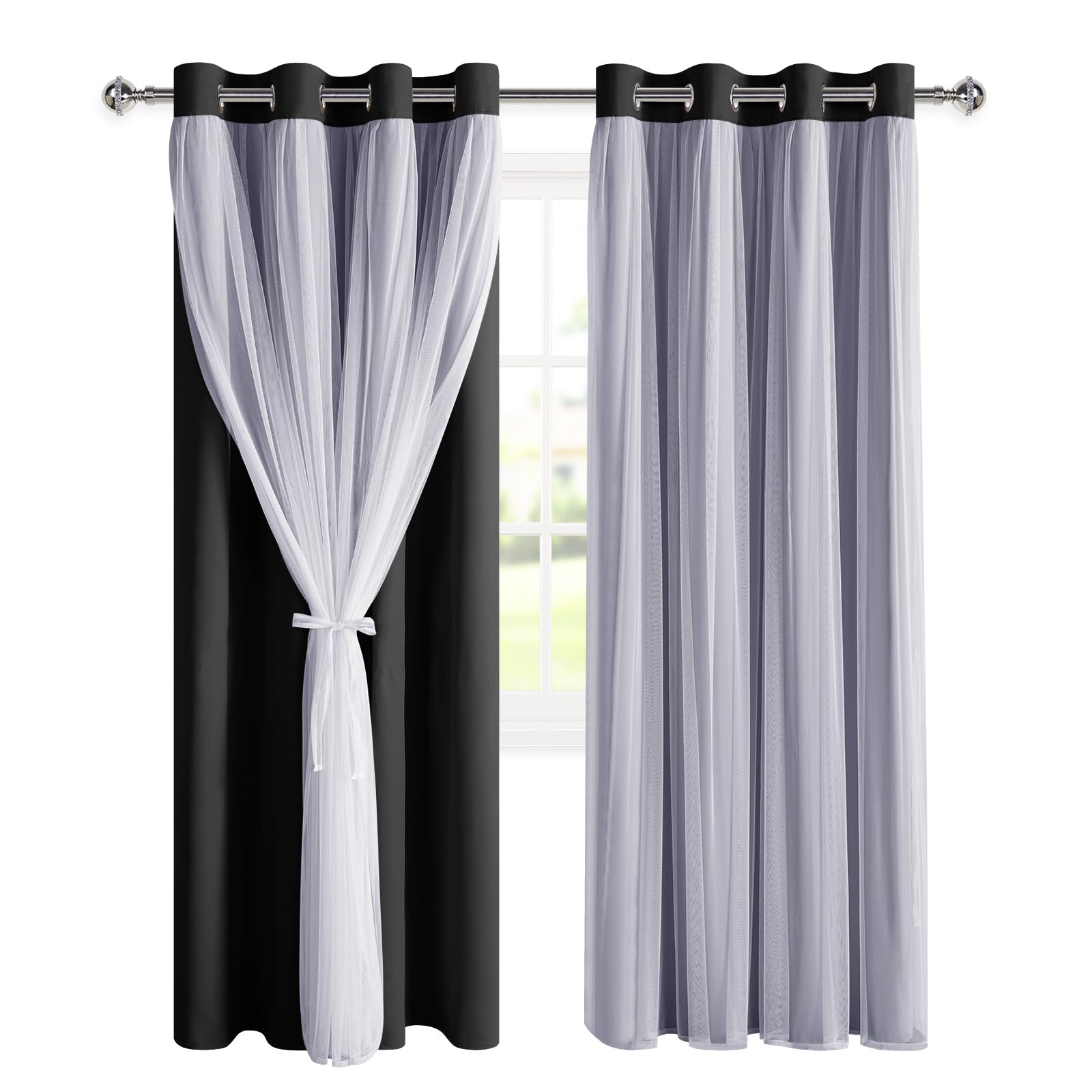 DWCN Layered Curtains, Blackout and Sheer Curtains with Tiebacks, 2 Pieces